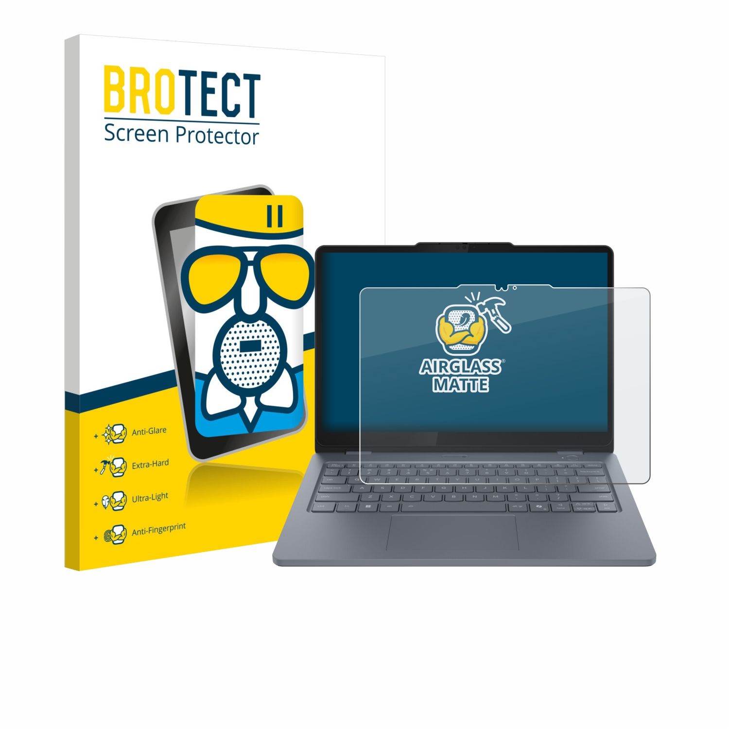 Ein Bild zeigt einen Laptop mit Displayschutzfolie und eine Schachtel mit der Aufschrift Brotect Screen Protector und Airglass Matte.