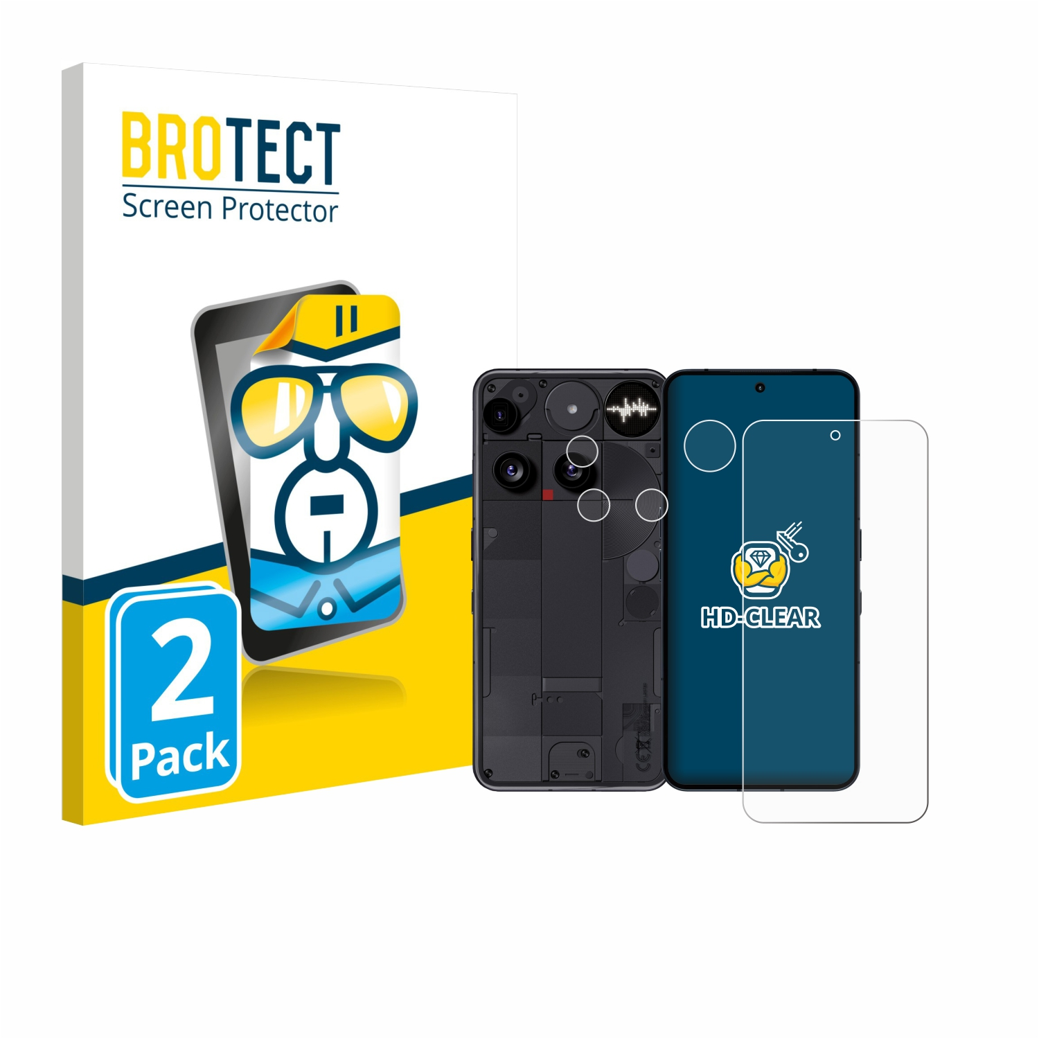 Eine Bildschirmschutzbox mit einer Telefongrafik. Rechts befinden sich ein Telefon und ein klarer Displayschutz.