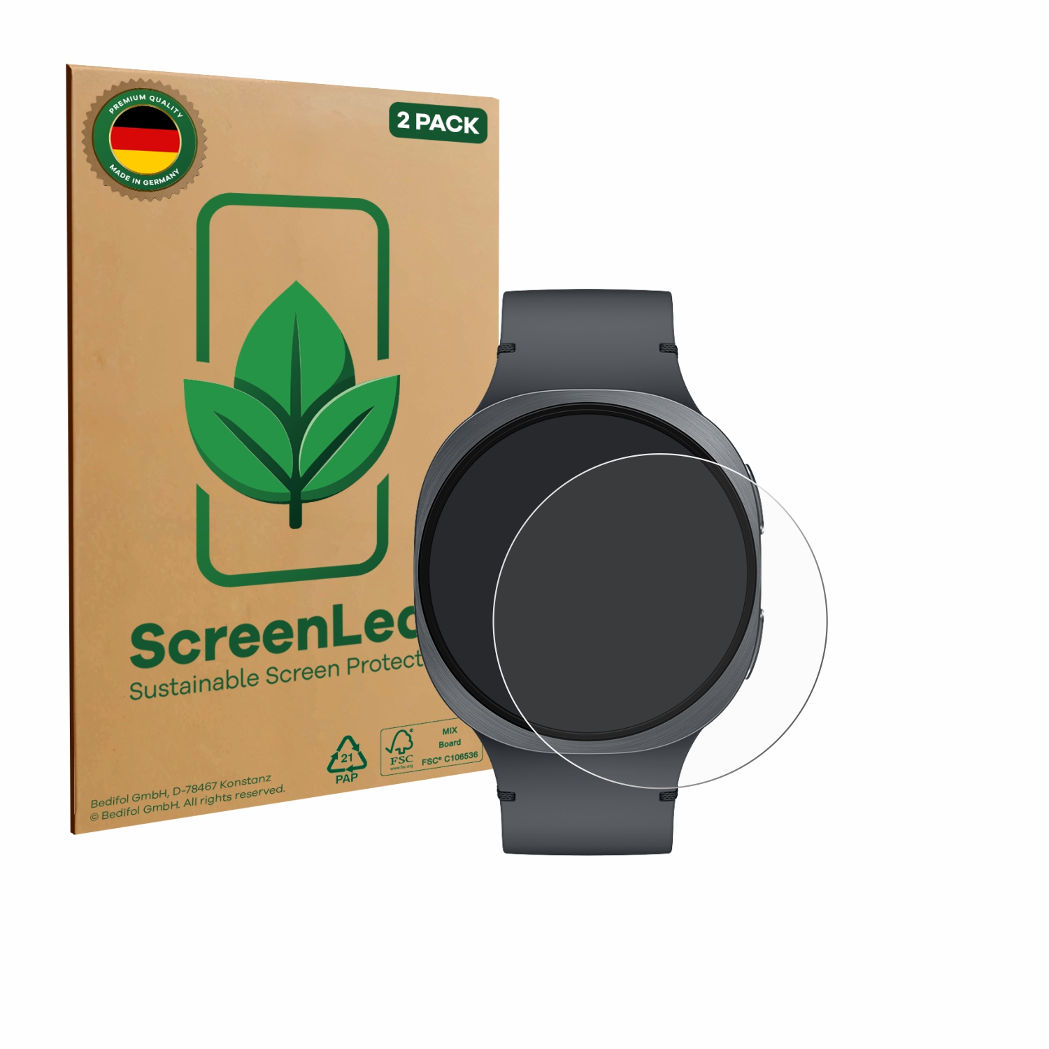Eine Smartwatch mit Displayschutzfolie steht neben einer ScreenLeaf-Box. Die Uhr ist schwarz, mit einem klaren Schutz darüber.