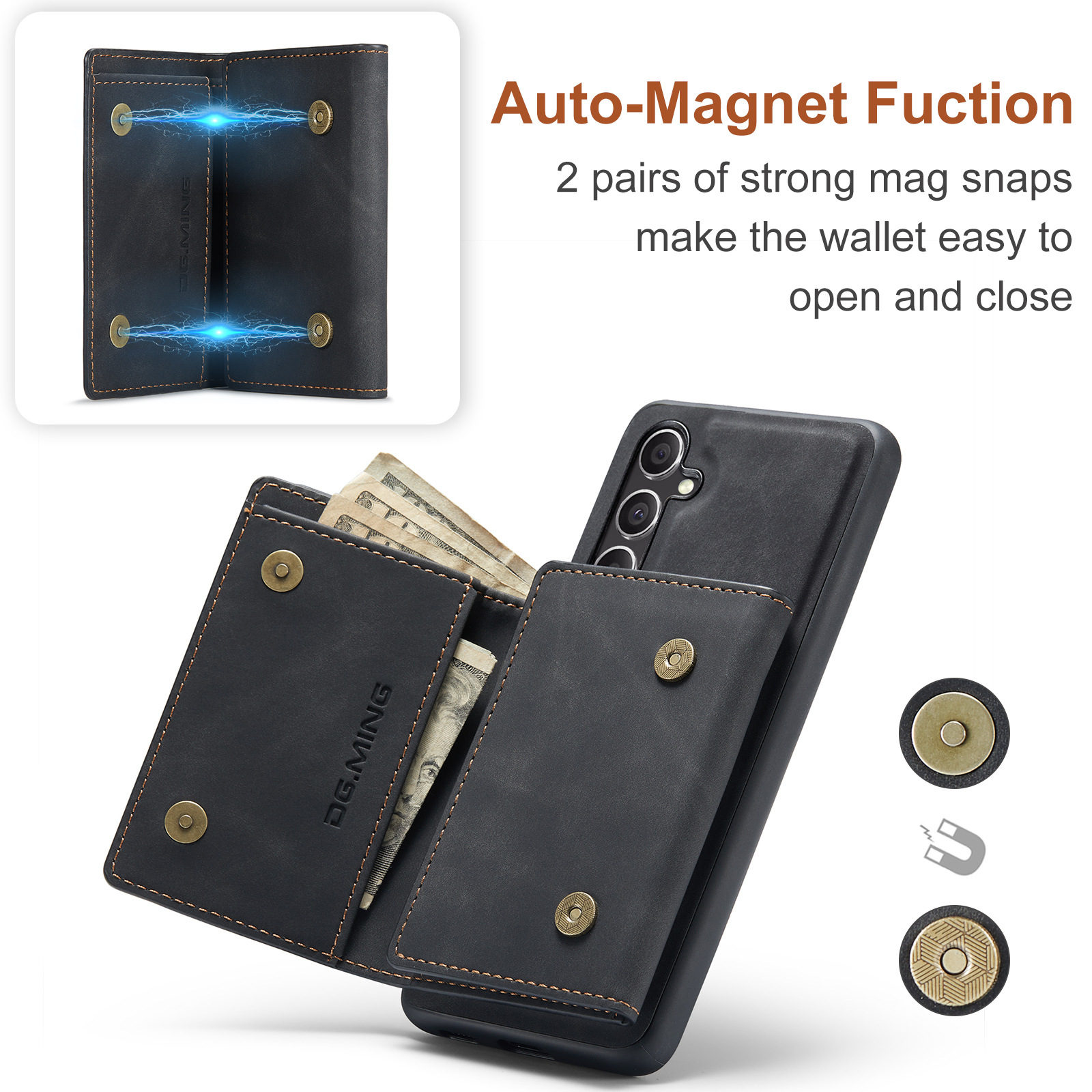 Una custodia per telefono con un portafoglio mostrato aperto con denaro all'interno, evidenziando gli automatici magnetici.