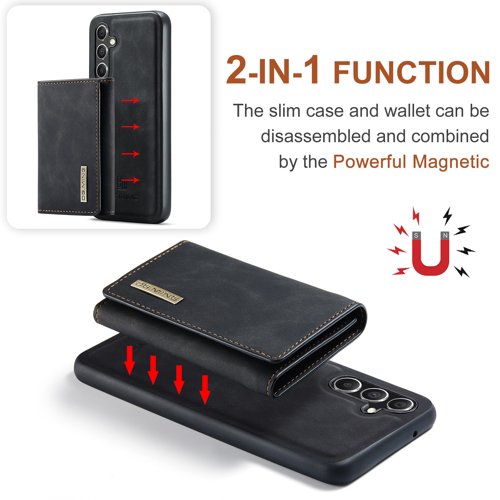 Custodia del telefono e portafoglio mostrati smontati, evidenziando l'attacco magnetico con frecce rosse e testo.