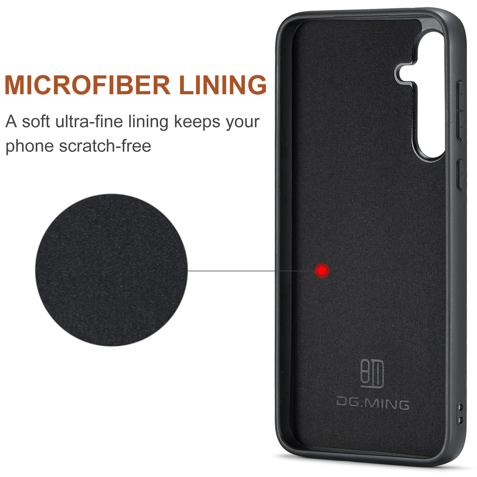 Interno custodia telefono nera con fodera in microfibra. Un cerchio mostra la trama. Testo: la fodera in microfibra protegge.