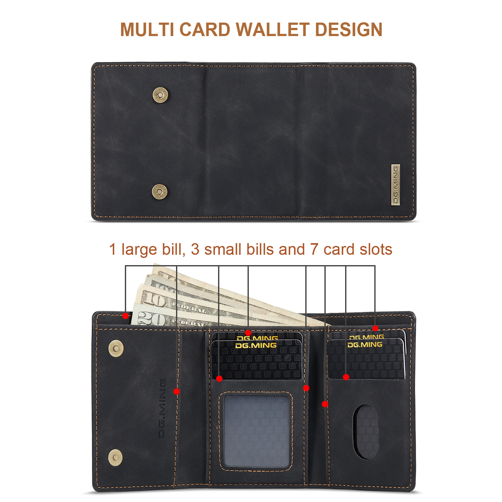Portafoglio nero con fessure per carte e scomparti per banconote. Testo: design portafoglio multi carte. Contiene banconote.