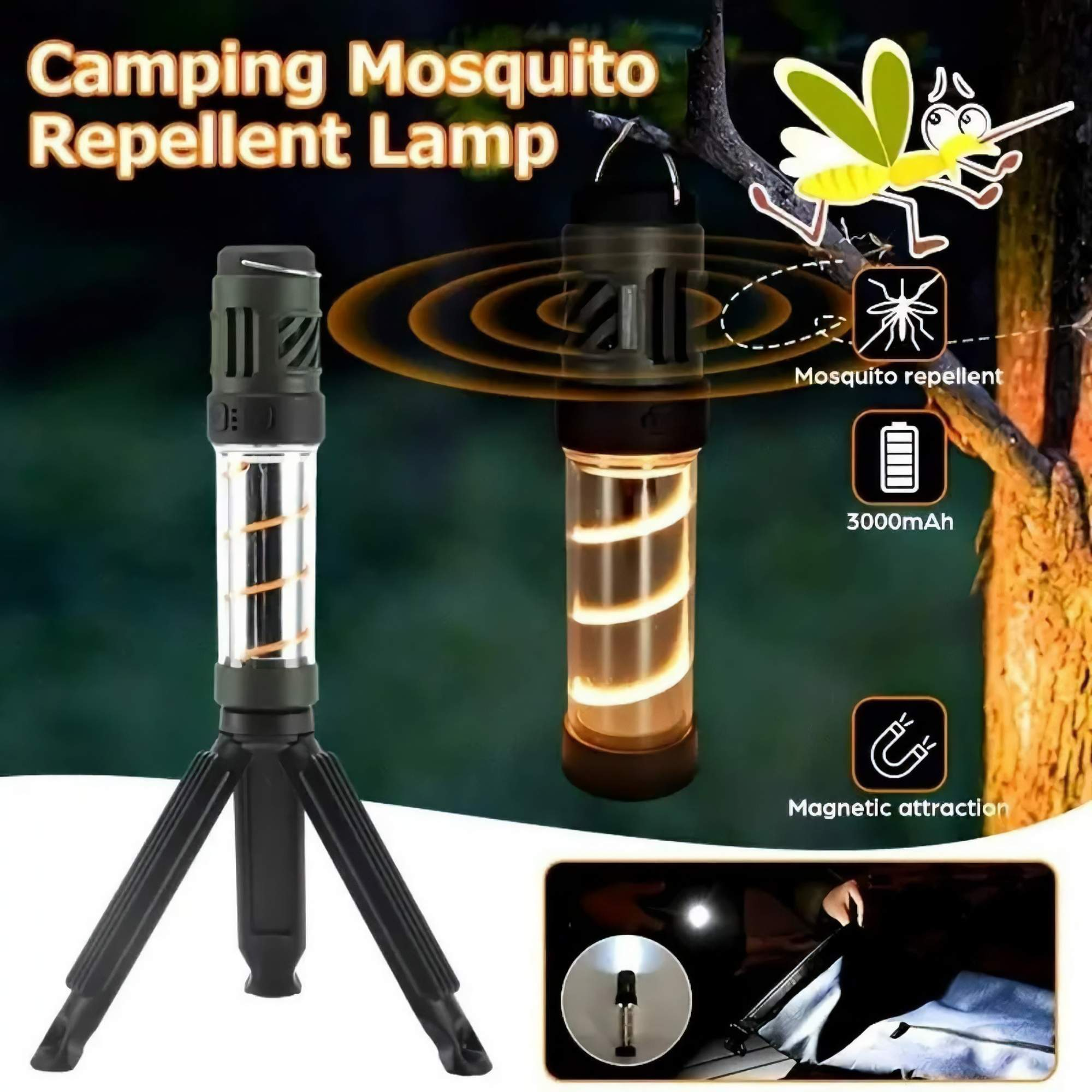 Camping-Mückenabwehrlampe auf einem Stativ. Text: Camping-Mückenabwehrlampe, Mückenabwehr, 3000mAh.