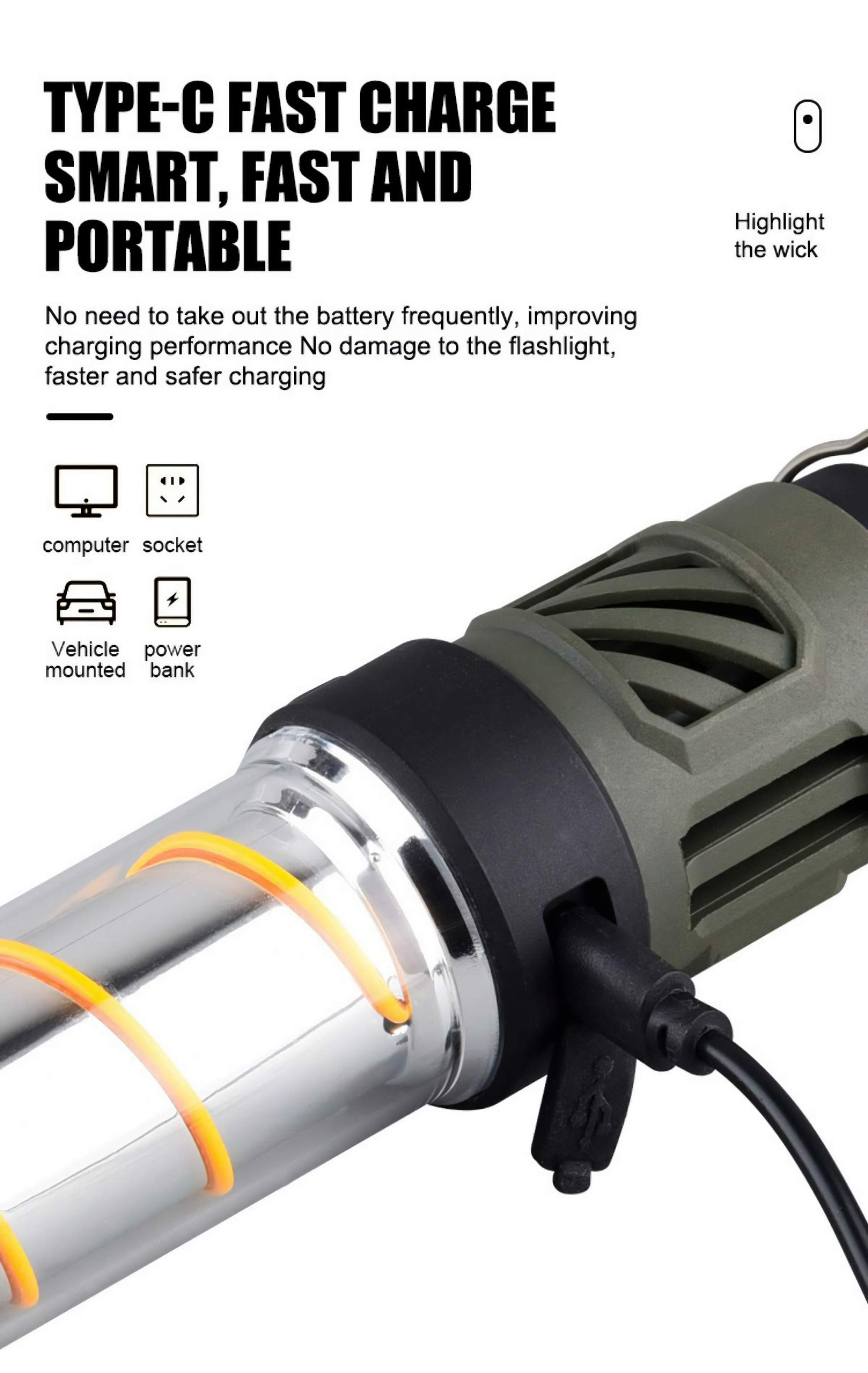 Taschenlampe mit Ladekabel und Text über schnelles Aufladen. Weißer Hintergrund.