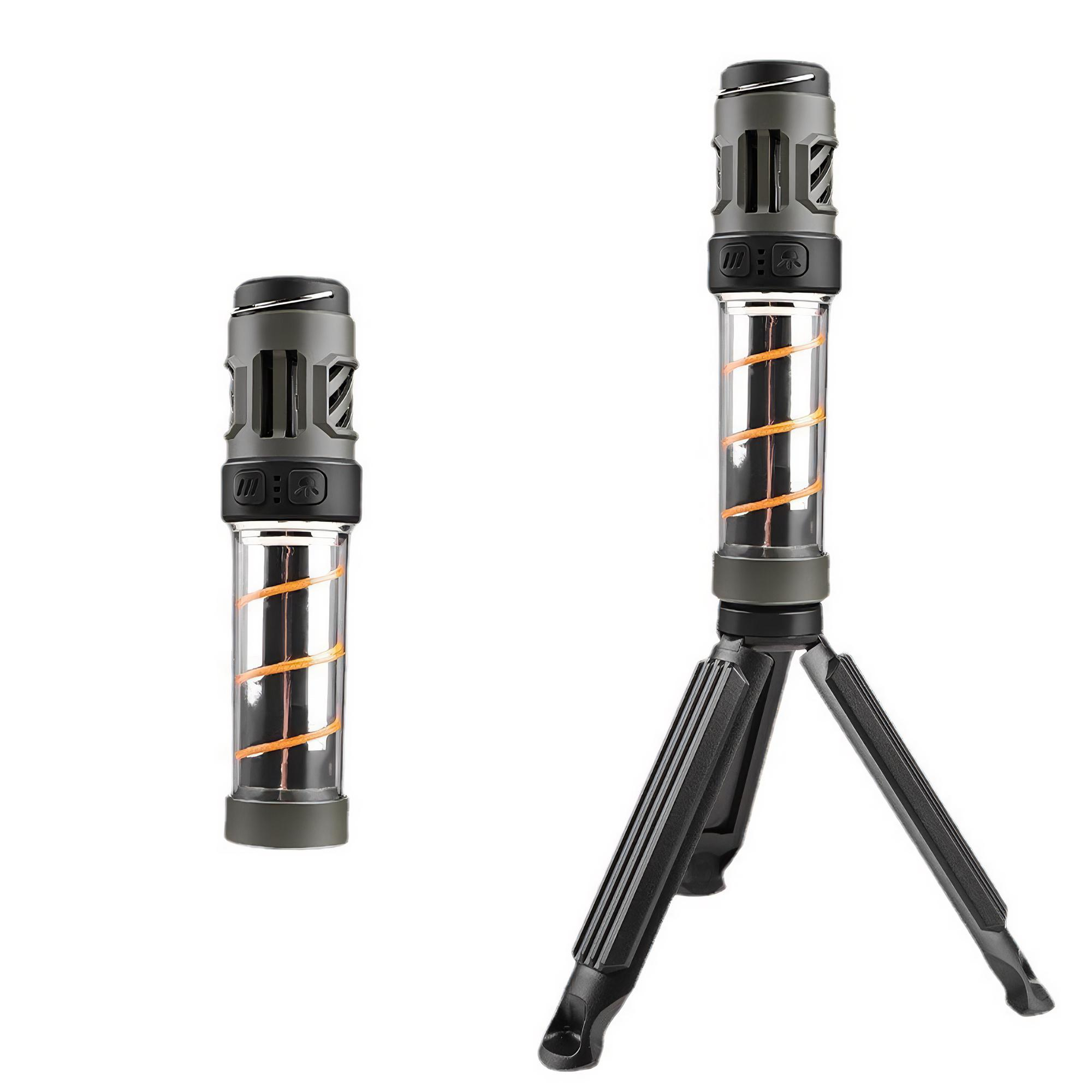 Zwei Mückenabwehrlampen, eine aufrecht und eine an der Seite. Text: Mückenabwehrlampe.