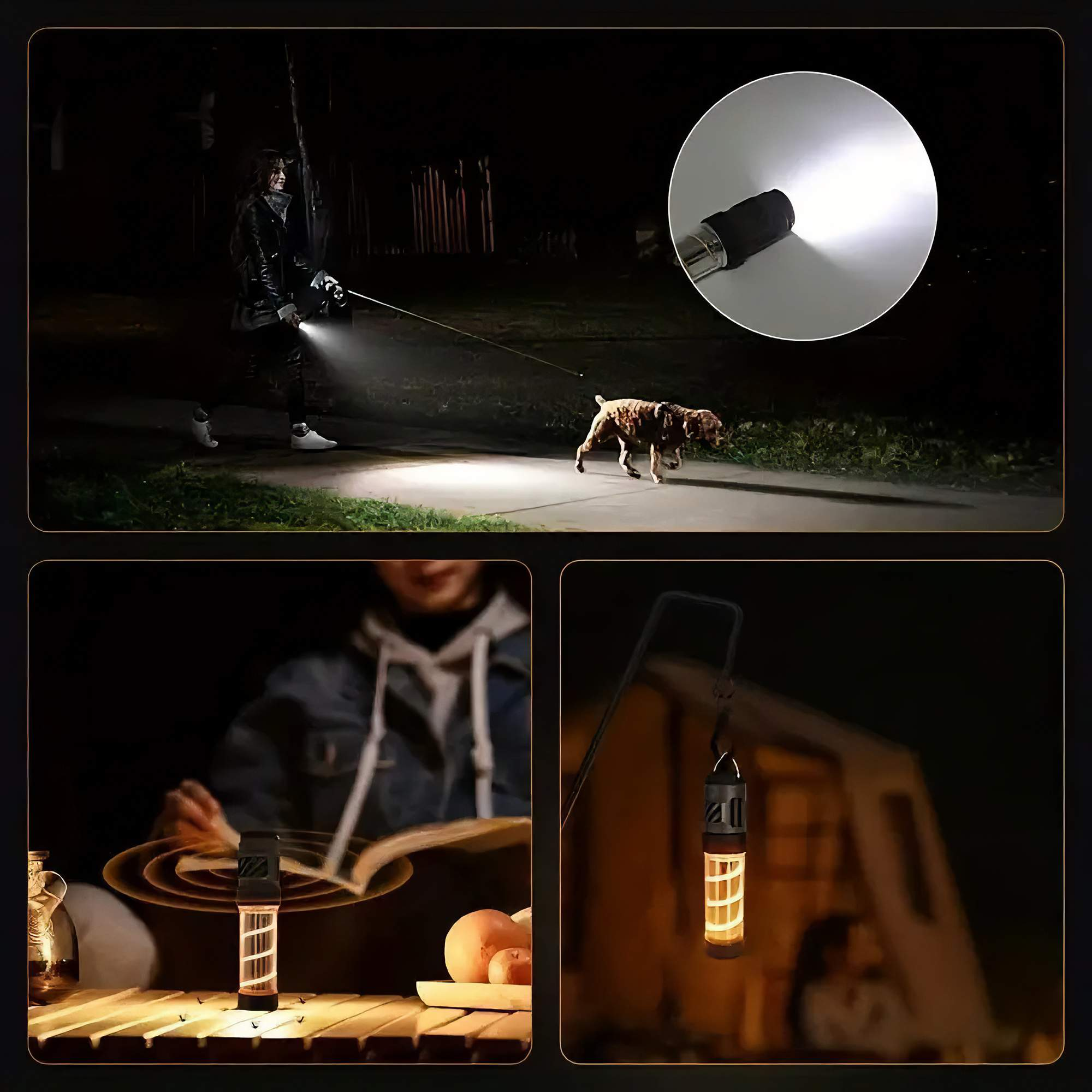 Mehrere Szenen bei Nacht mit einer Person, die einen Hund ausführt, einer Person, die liest, und einer Lampe.