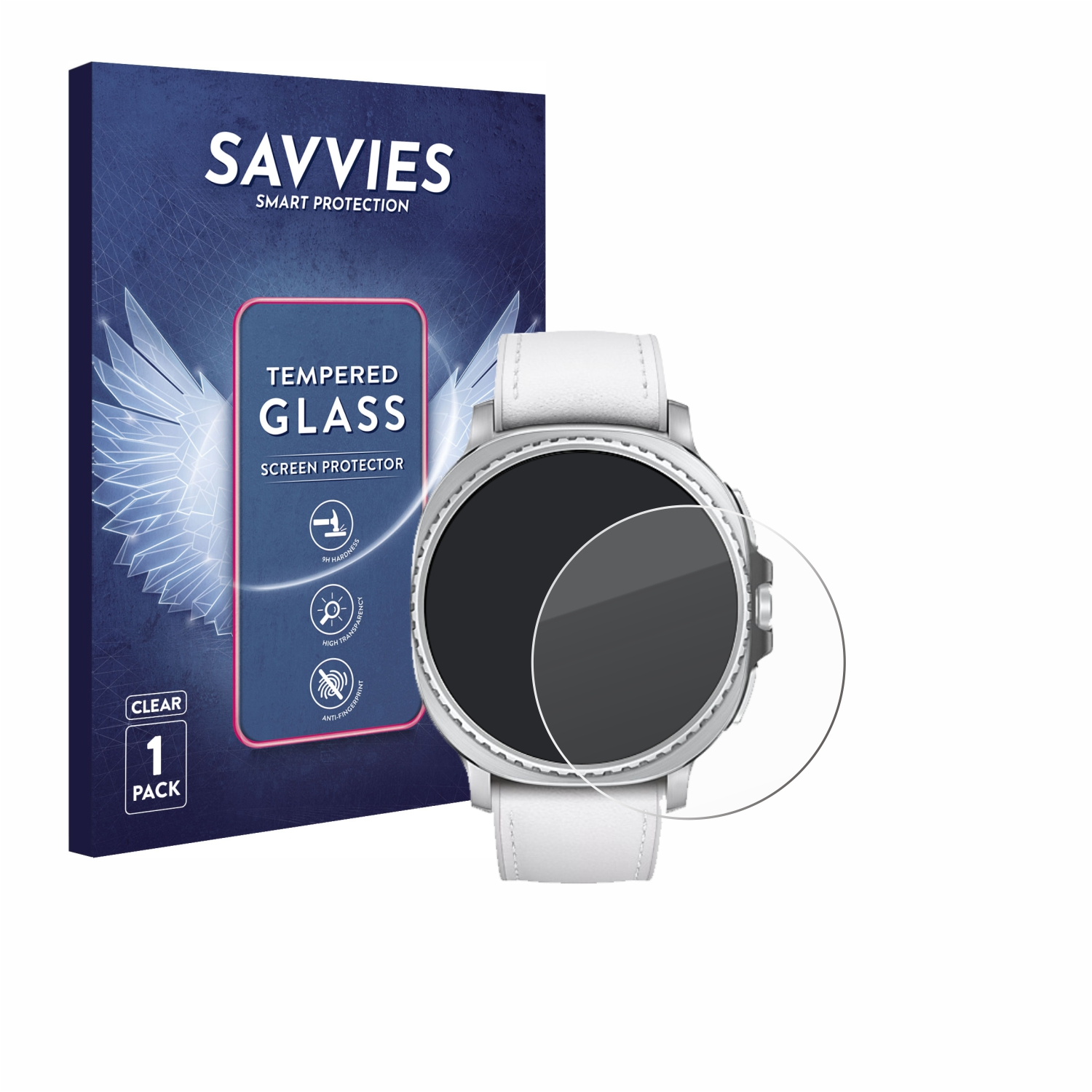 Eine Smartwatch mit Displayschutzfolie und eine Schachtel mit Eigenschaften des Displayschutzes.