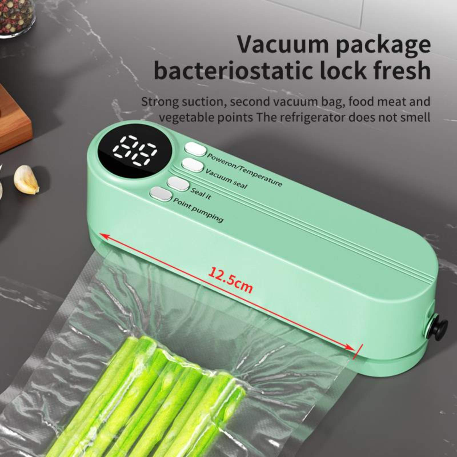 Ein Vakuumiergerät mit einer Tüte Spargel, mit Text über Vakuumverpackung.