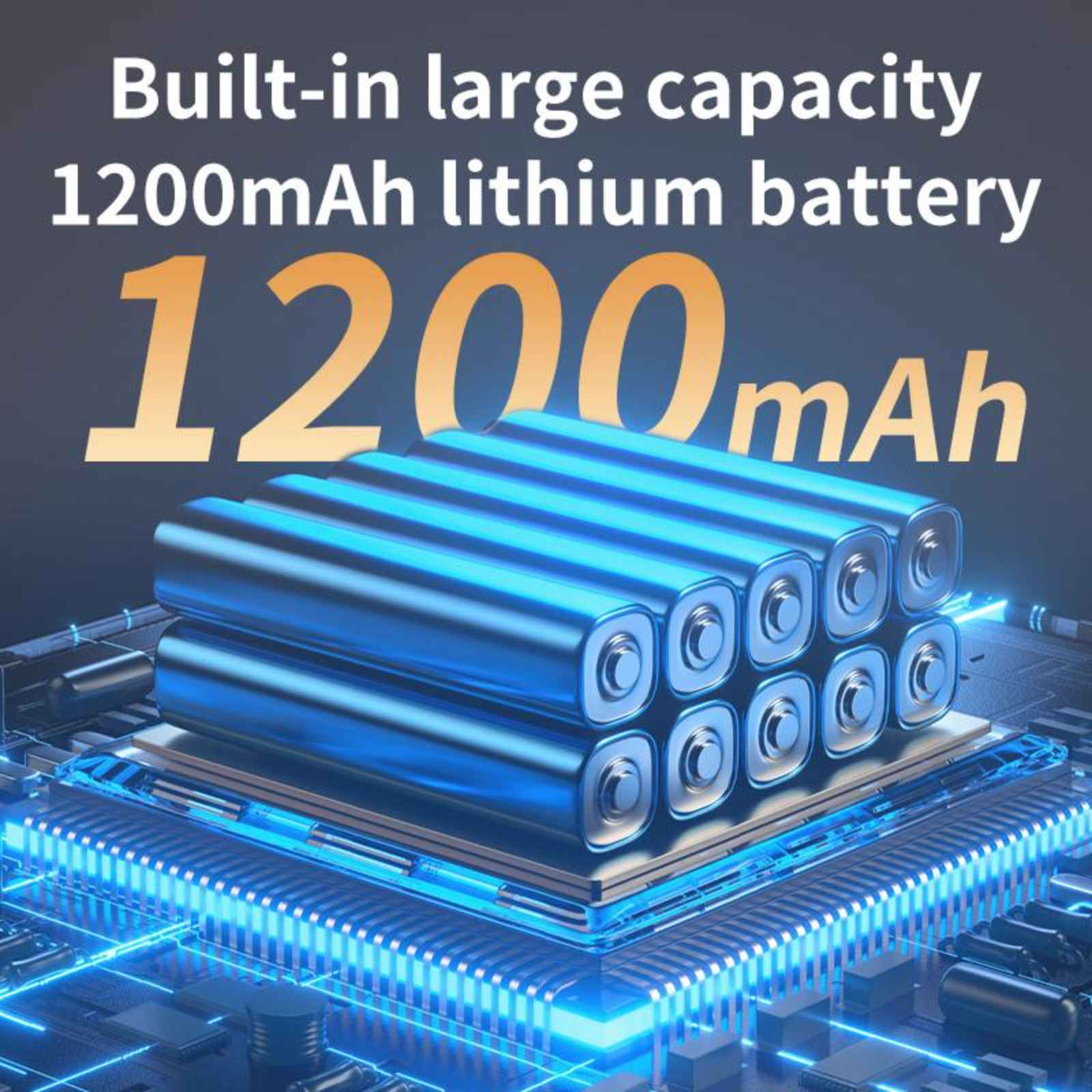 Bild von blauen Batterien auf einer Leiterplatte mit Text zur Batteriekapazität.