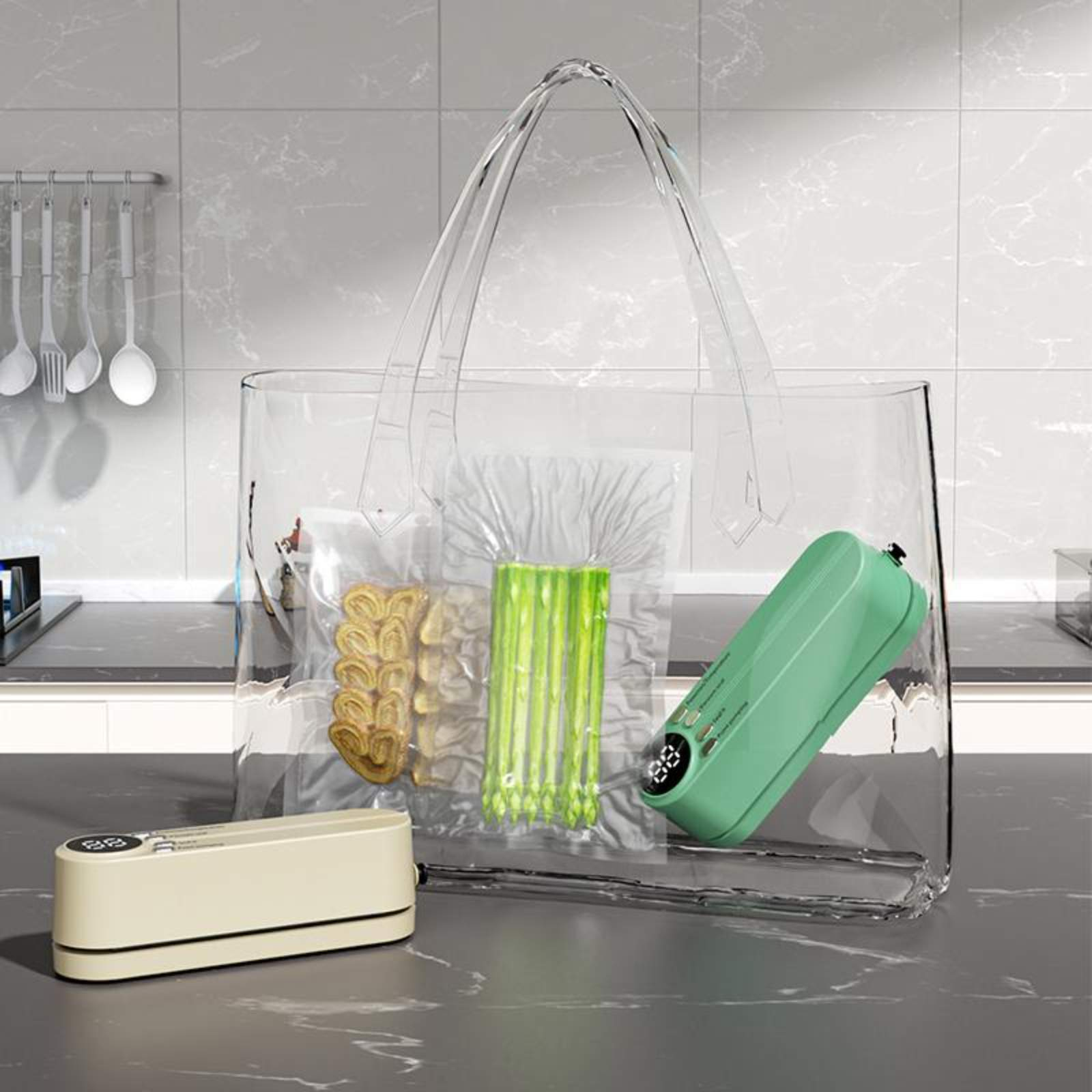 Eine transparente Tasche mit Lebensmitteln und einem Vakuumiergerät und einem weiteren beigen Versiegeler.