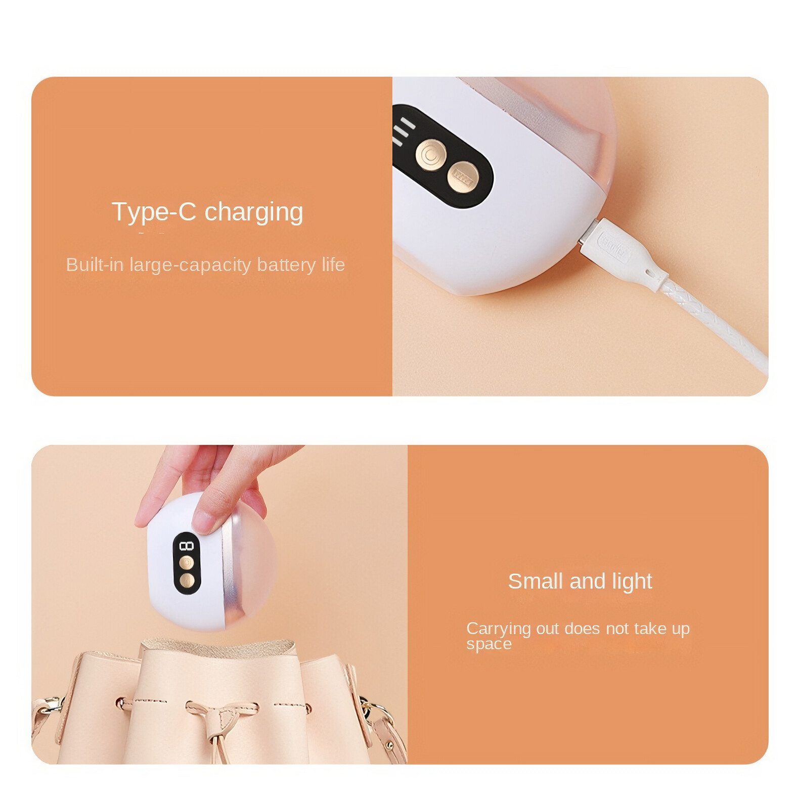 Zwei Bilder, die ein Nagelpflegegerät zeigen, das über USB-C geladen wird und klein genug ist, um in eine Tasche zu passen.