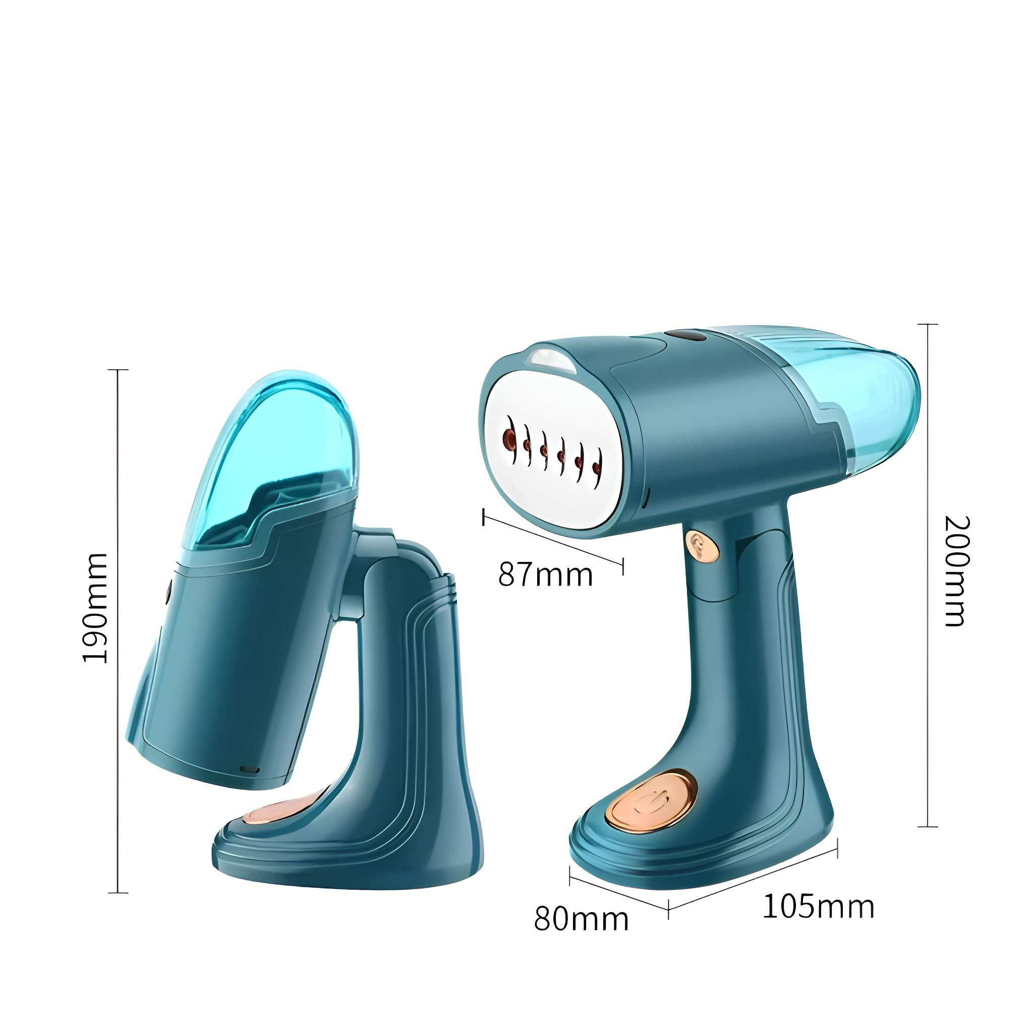 Zwei teal-farbene Steamer. Einer ist in Teilen, der andere ist ganz mit Messungen. Der ganze Steamer ist 200 mm hoch.