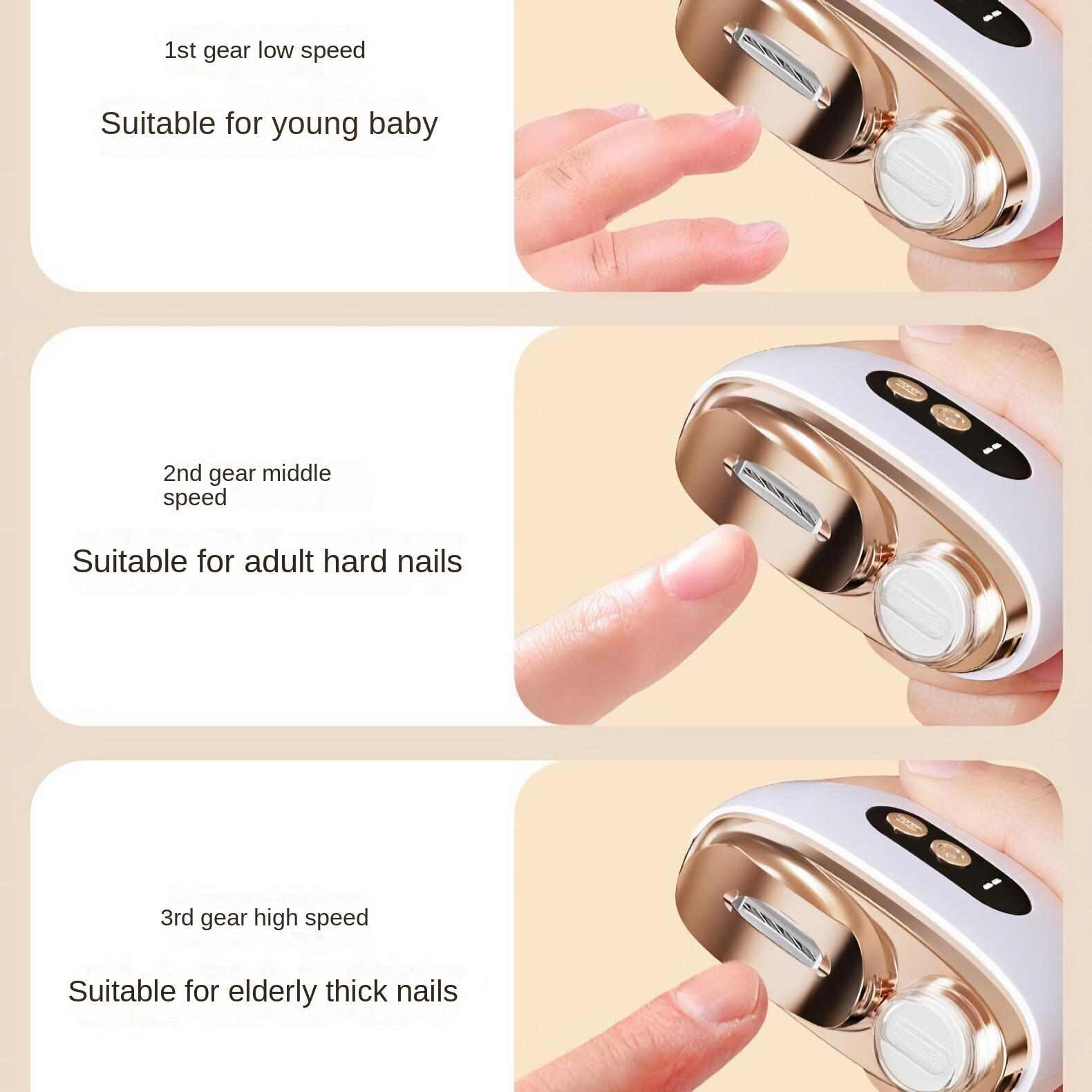 Nahaufnahme eines Nagelmahls. Drei Bilder zeigen den Schleifer in Gebrauch an einem Finger mit Text zu den Einstellungen.