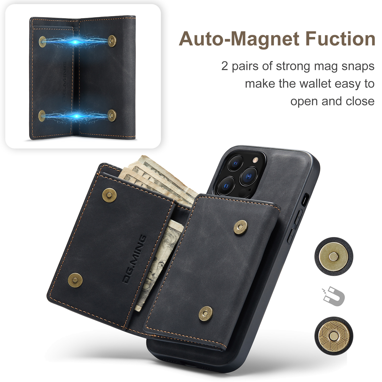 Custodia nera per telefono con portafoglio attaccato. Portafoglio con chiusura magnetica. Testo: Auto-Magnet Fuction. 2 paia.