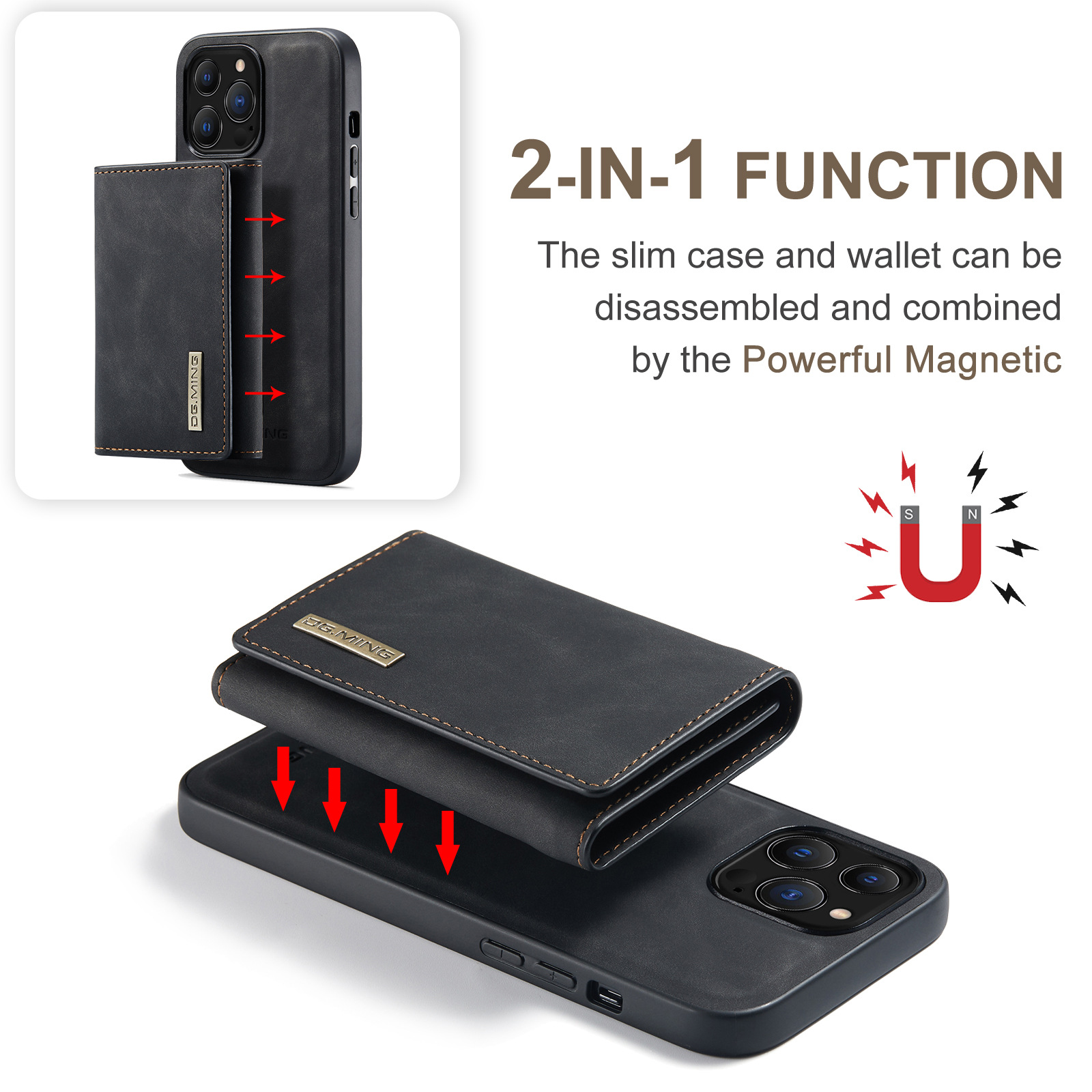 Una custodia per telefono e un portafoglio neri 2 in 1 che si attaccano e si staccano magneticamente.