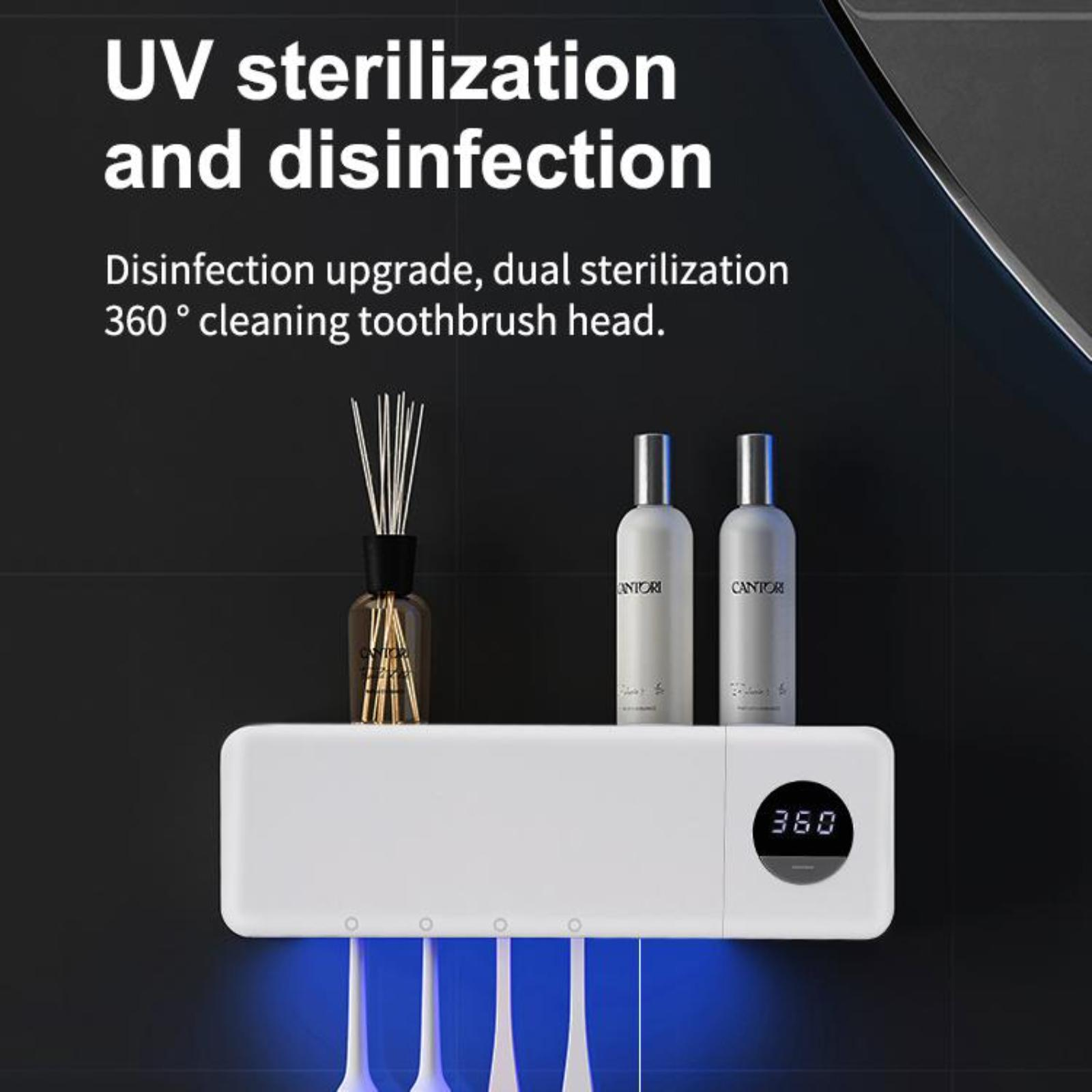 Ein weißes Gerät mit Zahnbürstenhaltern und Digitalanzeige. Der Text lautet: 'UV-Sterilisation und Desinfektion'.
