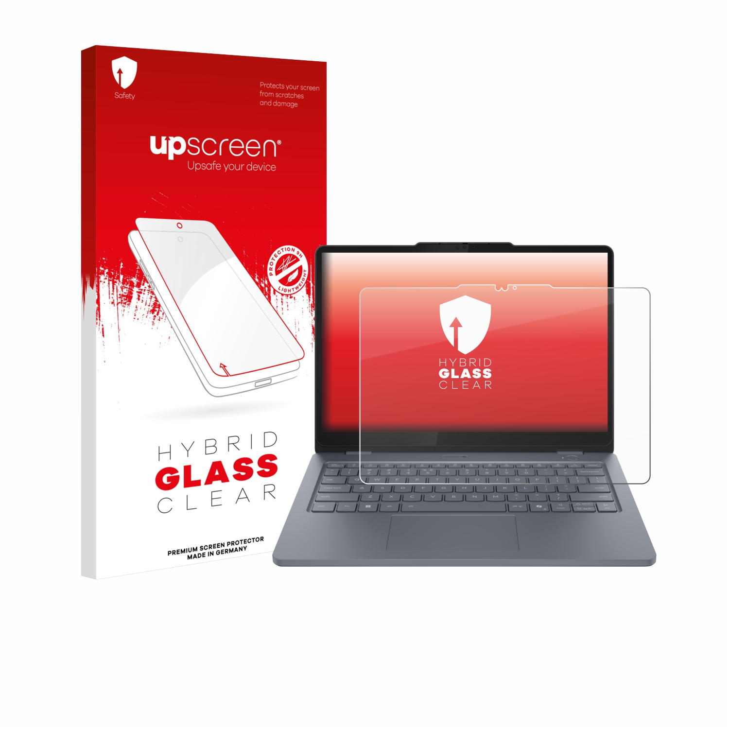 Rote Box mit Laptop-Umriss. Ein Laptop, Displayschutz und Text 'HYBRID GLASS CLEAR' werden gezeigt.
