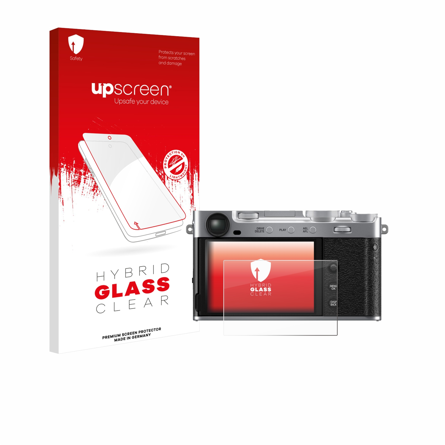 Rote Box und Kamera mit Displayschutz. Text lautet 'Hybrid Glass Clear'.