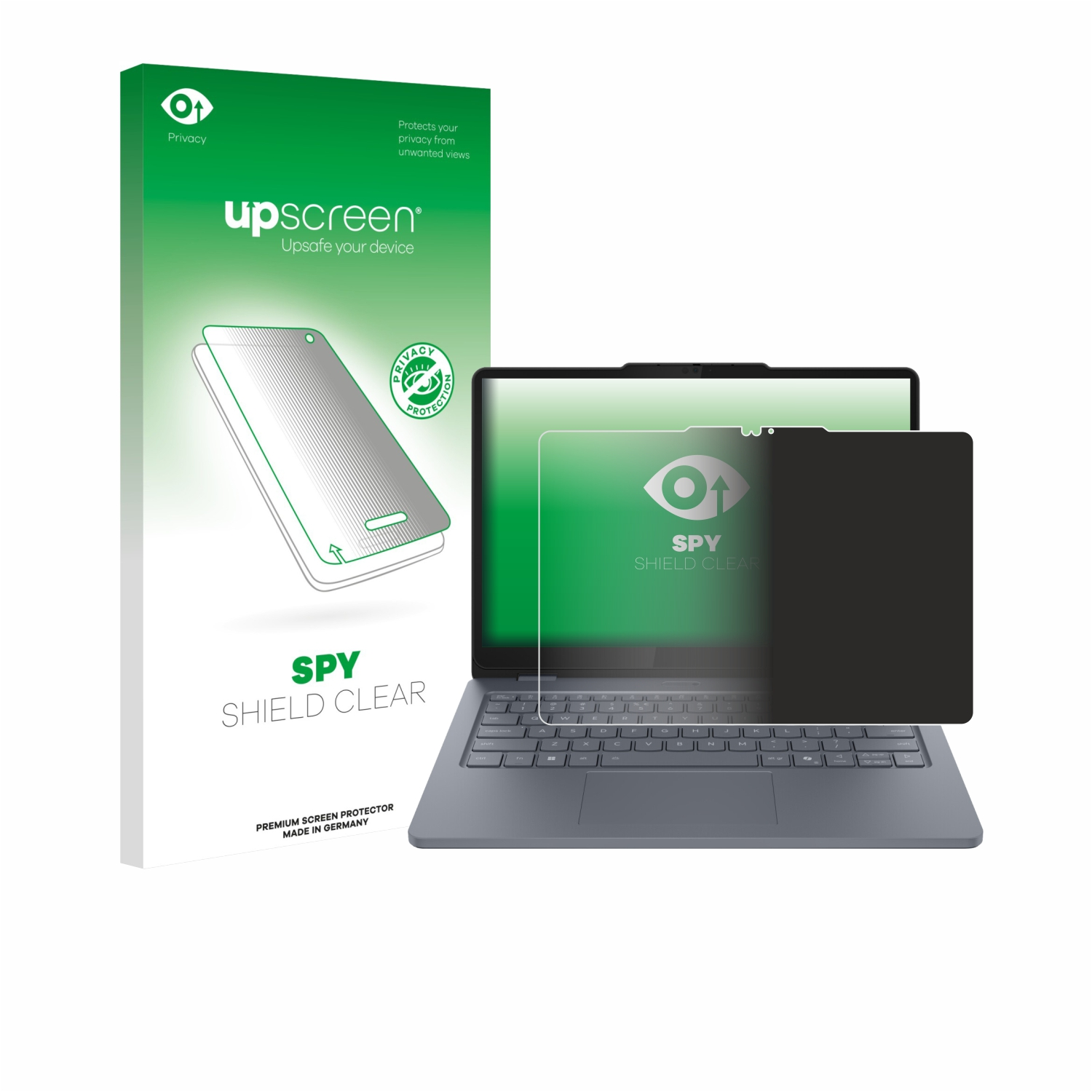 Ein Laptop und eine Sichtschutz-Displayschutzbox. Die Box ist grün. Der Schutz ist schwarz auf dem Laptop-Bildschirm.