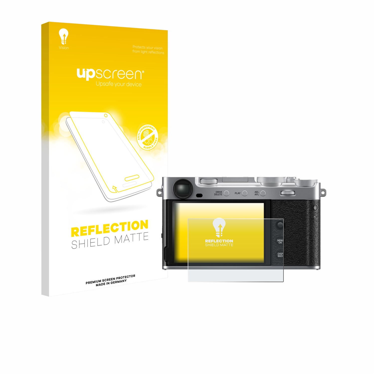 Kamera mit Displayschutzfolie und Box. Der Displayschutz sagt 'Reflection Shield Matte'.