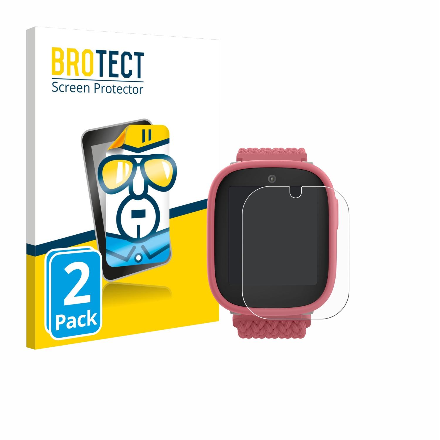 Eine Smartwatch mit pinkfarbenem Armband und einer Displayschutzfolie neben einer Displayschutzfolienbox.