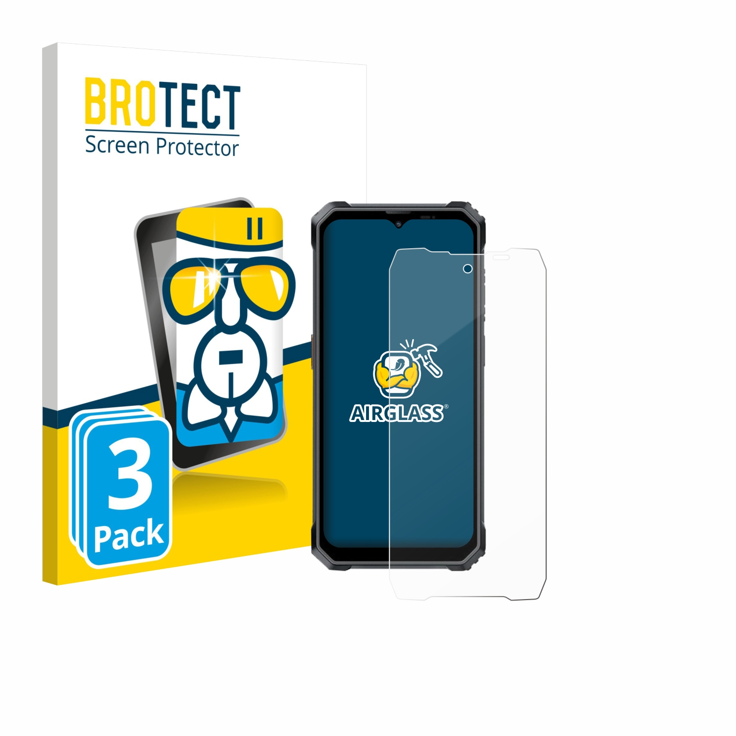 Smartphone mit Schutzfolie, Box mit Infos. Folie: 'AIRGLASS', '3er Pack'.