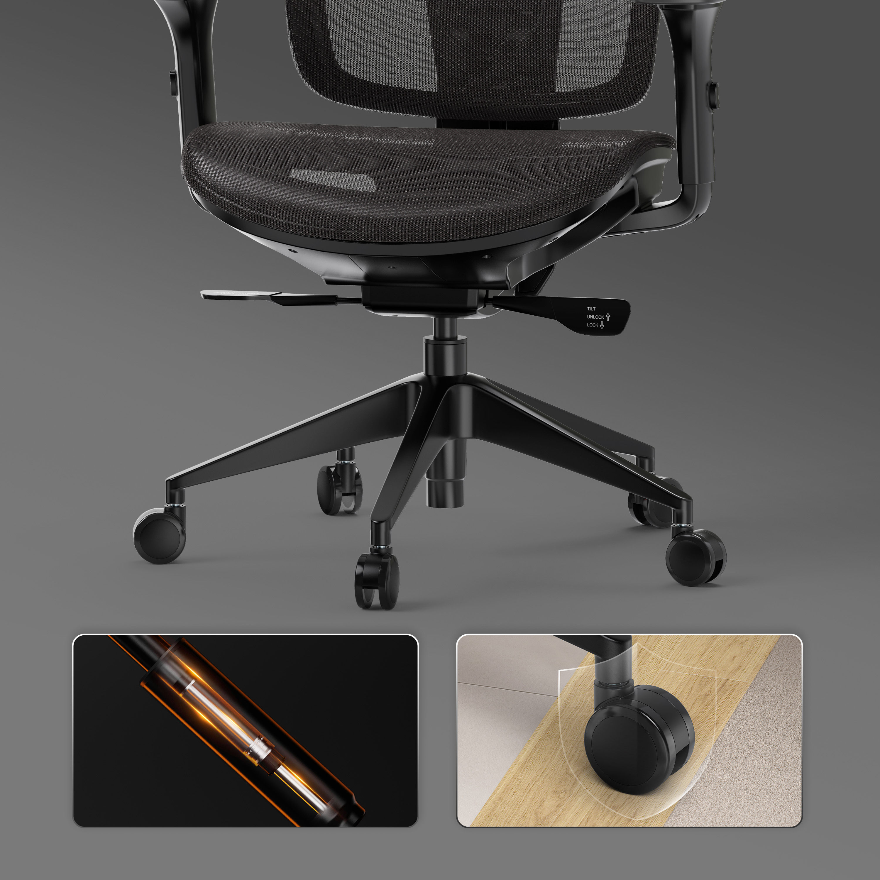 Nahaufnahme eines schwarzen Bürostuhls mit Rad- und Mechanismusdetails.