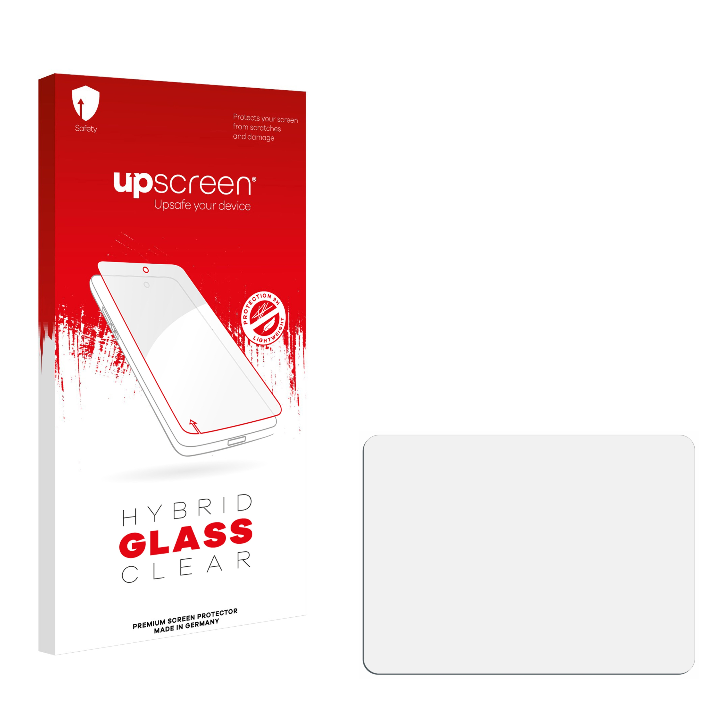 Eine rot-weiße Box mit einer Telefonillustration und einem klaren Displayschutz. Auf der Box steht 'Hybrid Glass Clear'.