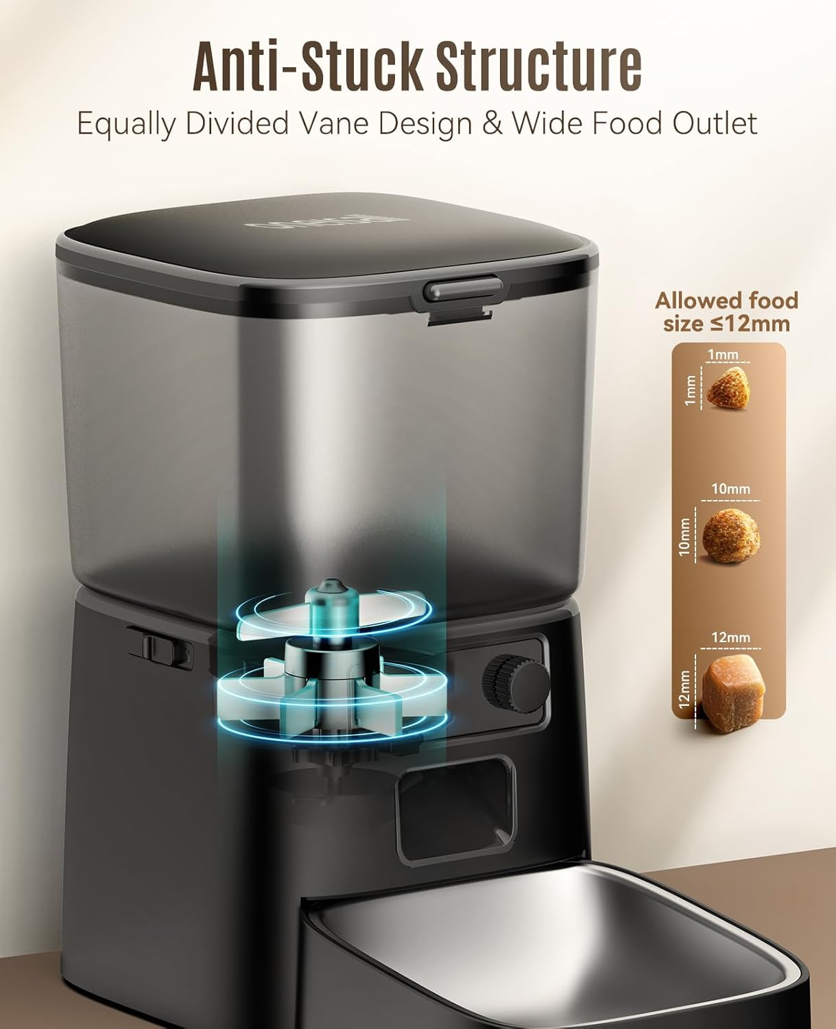 Czarny i szary podajnik dla zwierząt. Posiada wylot na jedzenie i wyświetlacz.