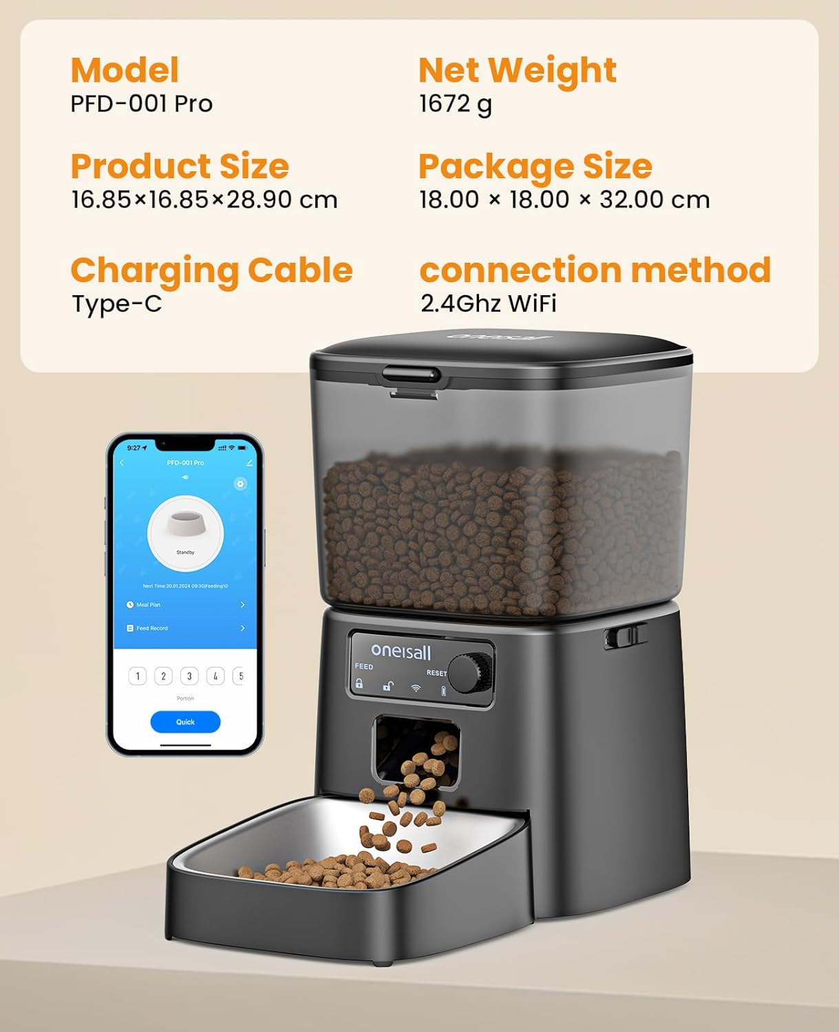 Dozownik karmy dla zwierząt z interfejsem smartfona. Dozownik ma miskę na jedzenie na dole.