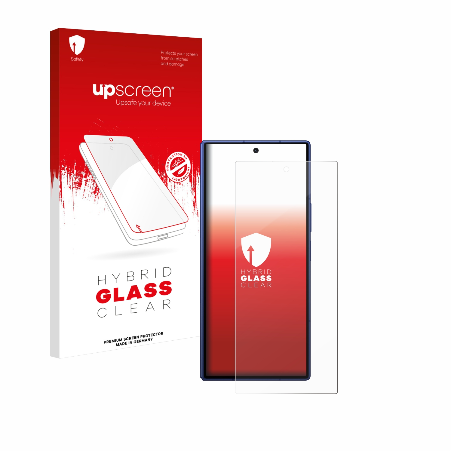 Ein Telefon mit Displayschutzfolie steht neben einer Displayschutzfolienbox. Die Box ist rot und trägt 'upscreen'. Hybrid Glass Clear.