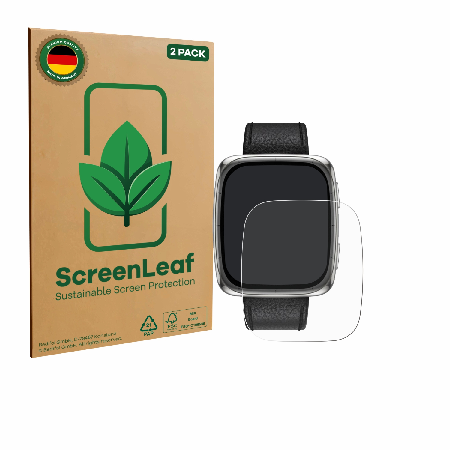 Eine braune Box mit einer Smartwatch und einem Displayschutz.