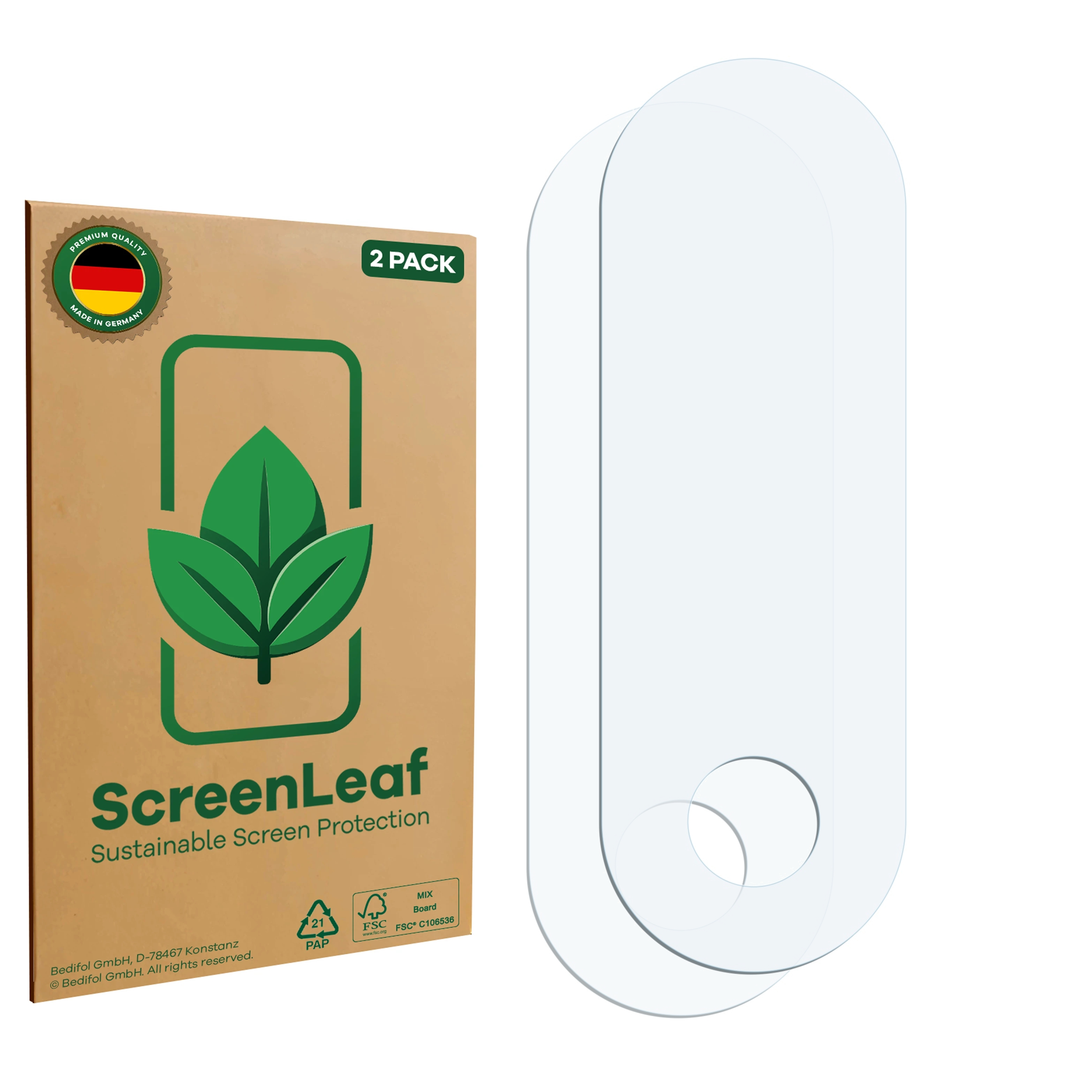 ScreenLeaf-Box, 2er-Pack, mit zwei klaren, ovalen Displayschutzfolien.