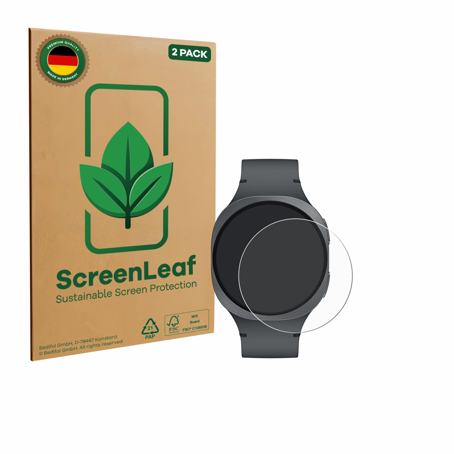 Eine Uhr mit Displayschutzfolie und ScreenLeaf-Verpackung. Verpackung braun mit grünen Blättern, Schutzfolie klar.