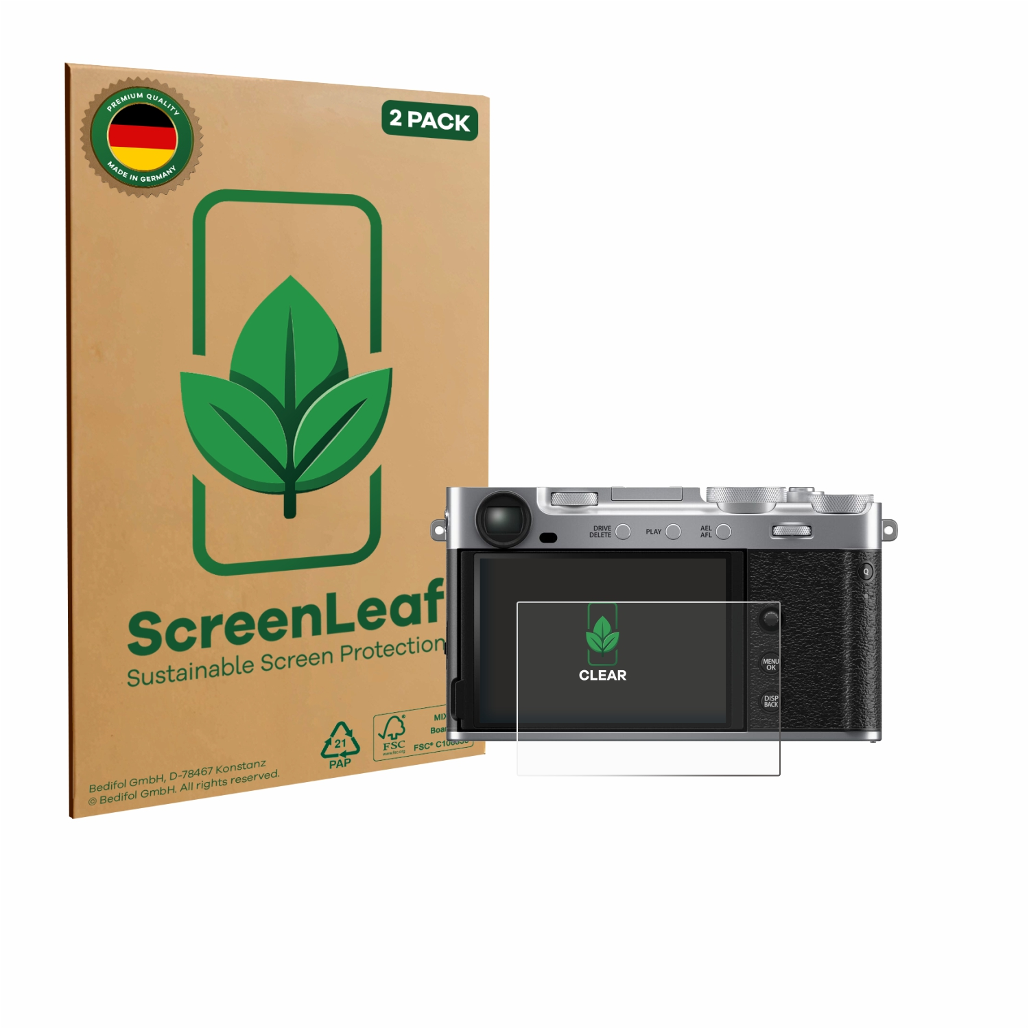 Eine Kamera mit Displayschutzfolie und ScreenLeaf-Verpackung werden gezeigt. Die Verpackung ist braun mit grünen Blättern.