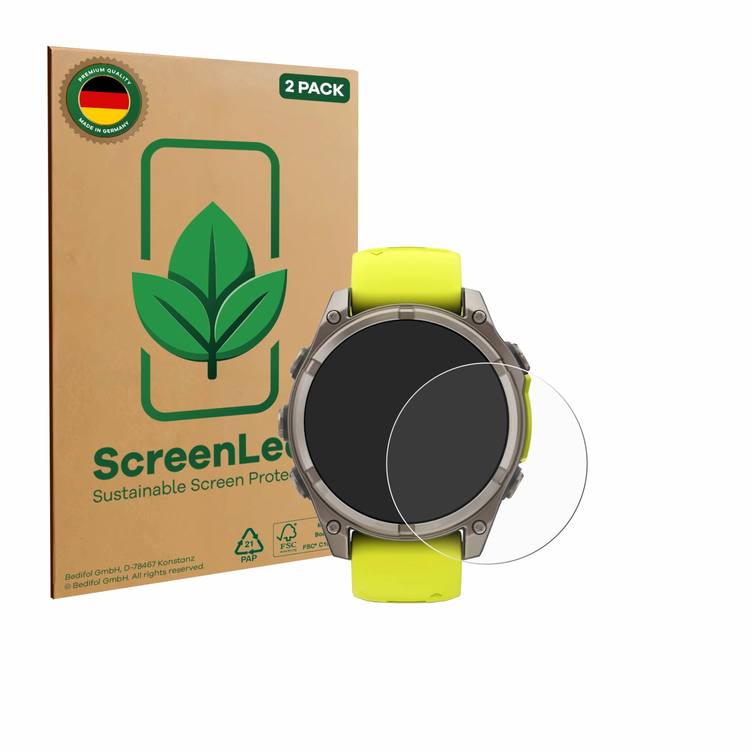 ScreenLeaf-Box und Smartwatch mit Displayschutzfolie. Text: ScreenLeaf Sustainable Screen Protection. Made in Germany.