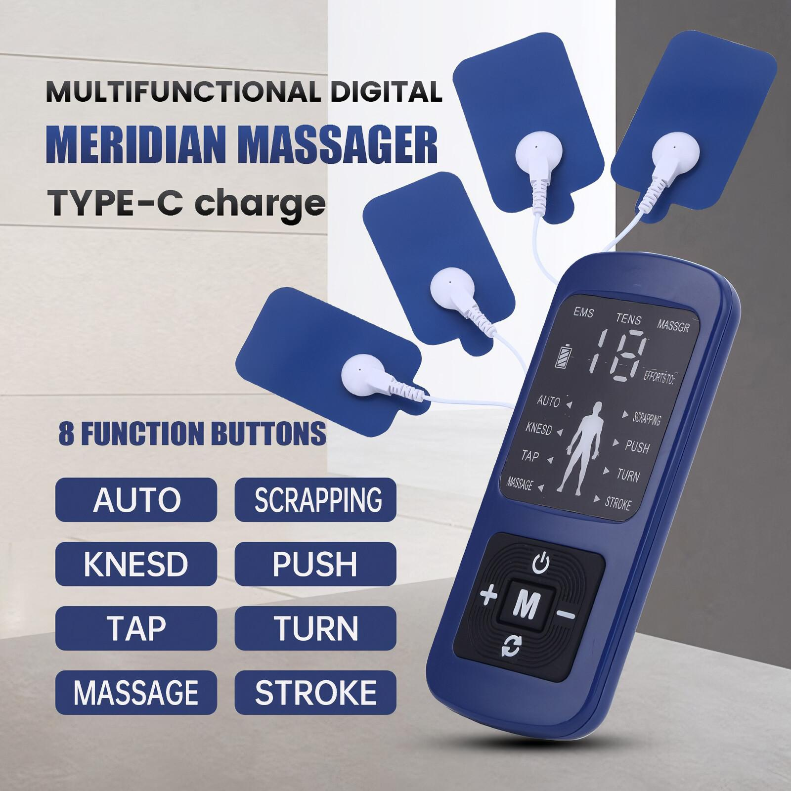 Multifunktionales digitales Meridian-Massagegerät mit Knöpfen und Pads. Text: 8 Funktionstasten. Typ-C-Ladung.
