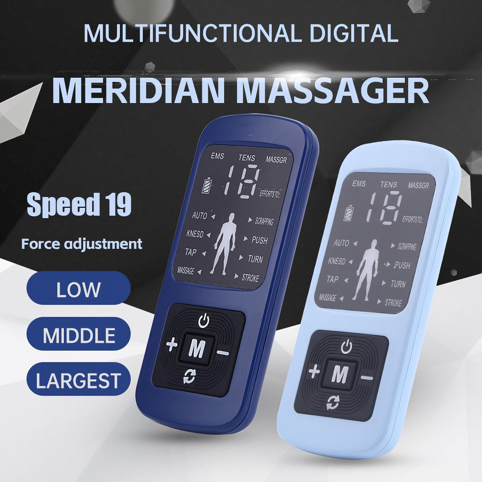 Zwei blaue digitale Meridian-Massagegeräte mit Bildschirmen, die Zahlen und Funktionen anzeigen.