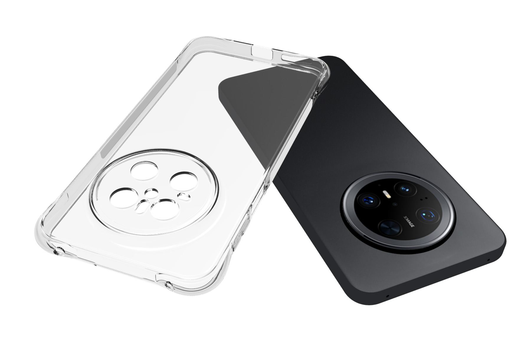Eine Handyhülle und ein Telefon auf weißem Hintergrund, mit einer transparenten Hülle und einem schwarzen Telefon.