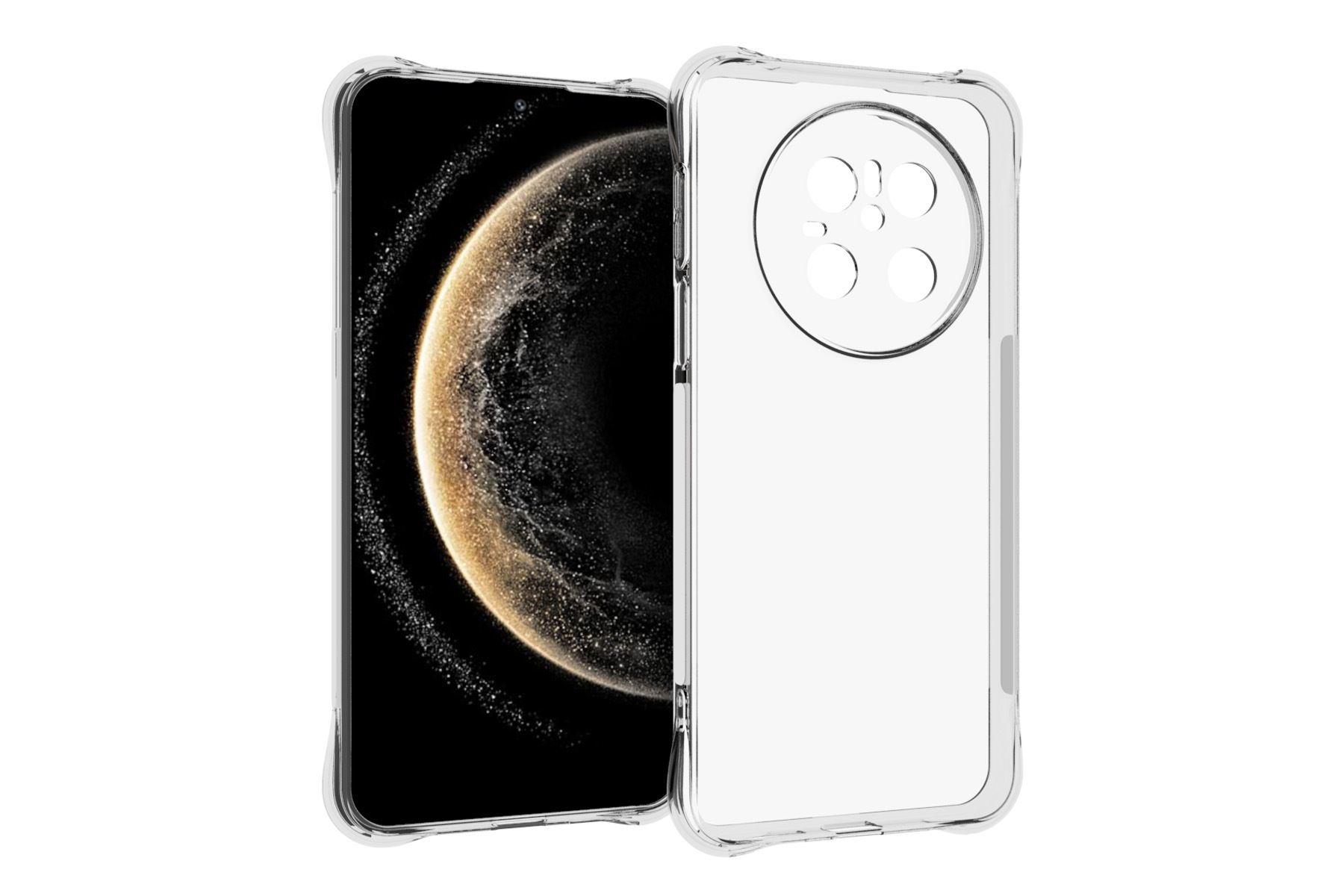 Eine transparente Handyhülle auf einem Handy. Der Bildschirm zeigt ein Galaxie-Bild.