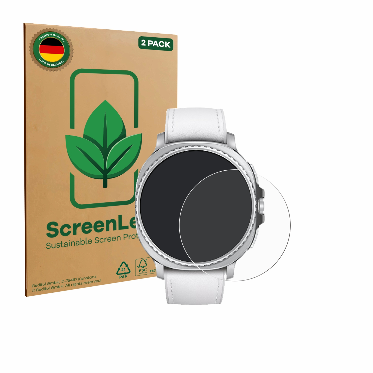 Eine Displayschutzfolienpackung mit einer Smartwatch. Die Displayschutzfolie ist auf der Uhr angebracht. Auf der Verpackung steht 'ScreenLeaf'.