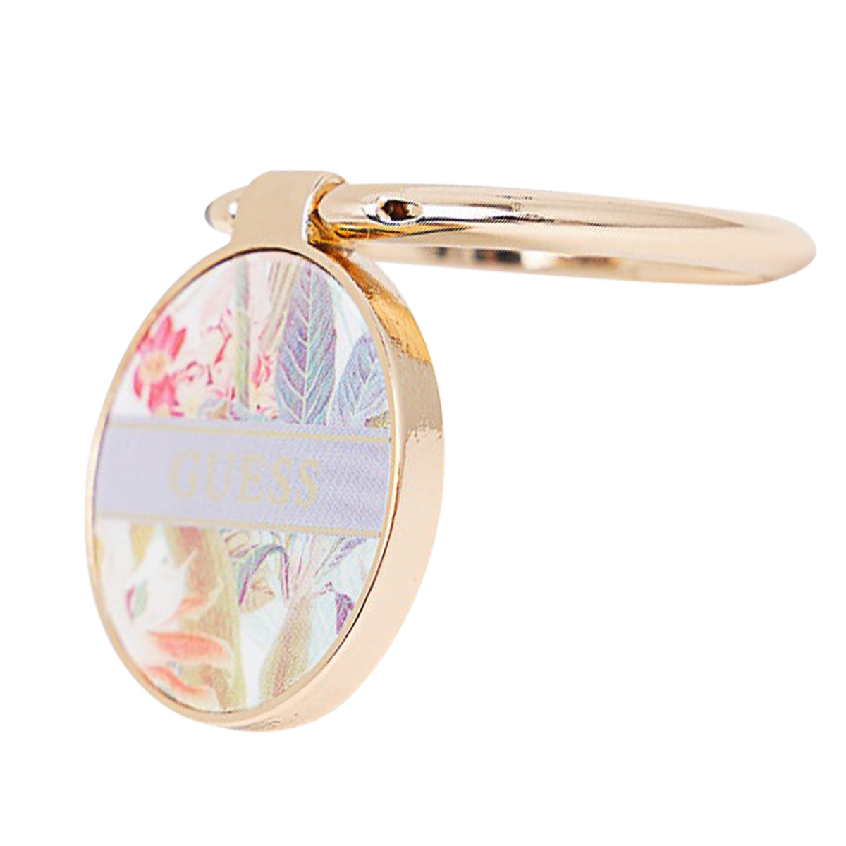 Un anneau de téléphone doré avec un motif floral. L'anneau est rond et a une forme d'anneau ouvert.