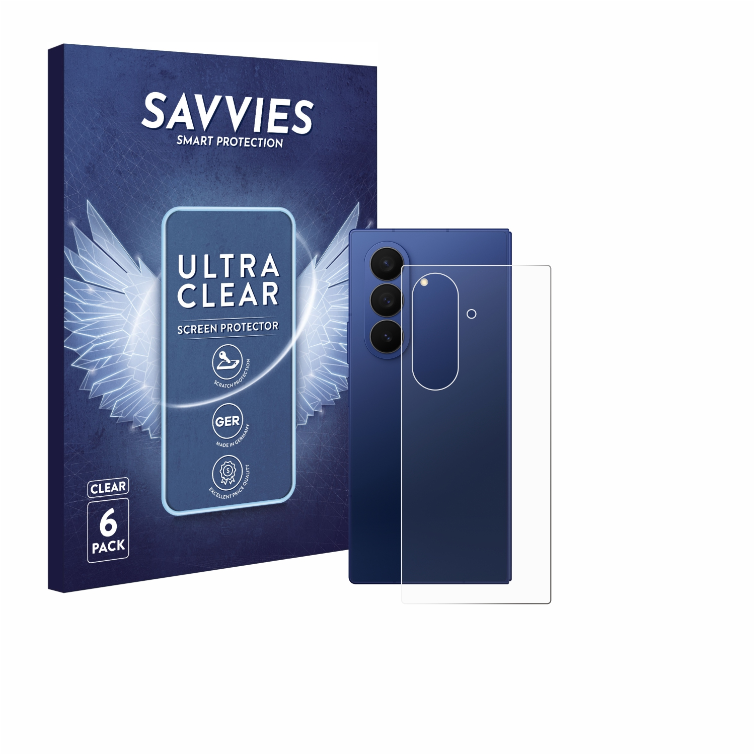Ein Telefon mit Displayschutz und einer Box. Das Telefon ist blau und der Schutz ist klar. Die Box ist blau.