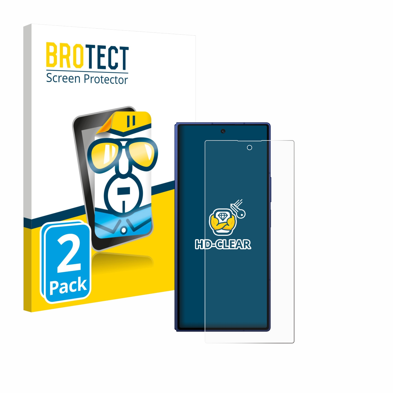 Ein Smartphone mit Displayschutzfolie. Die Verpackung hat ein Cartoon-Bild. Der Schutz ist klar mit 'HD-CLEAR'-Text.