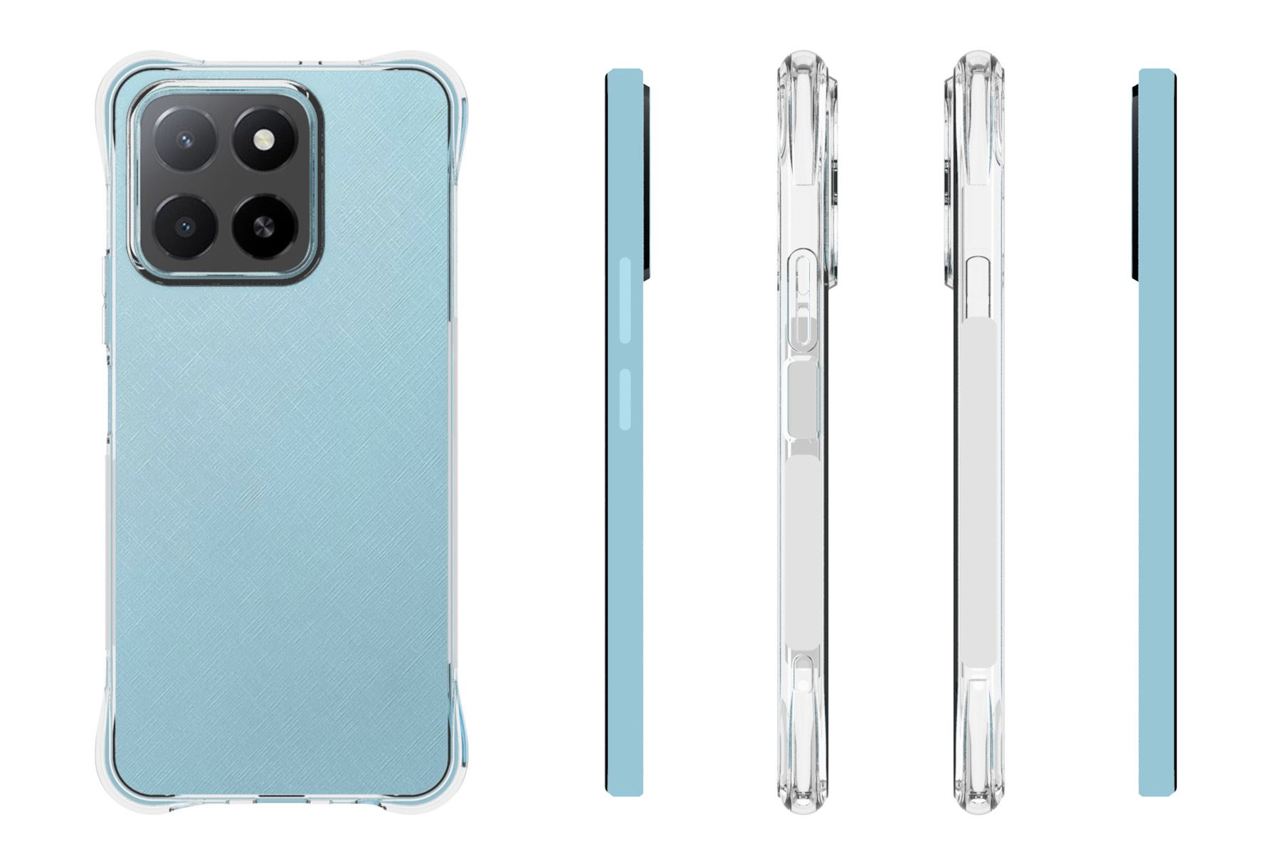 Telefon in einer durchsichtigen Hülle. Das Telefon ist hellblau, mit einer Kamera. Die Hülle ist transparent.