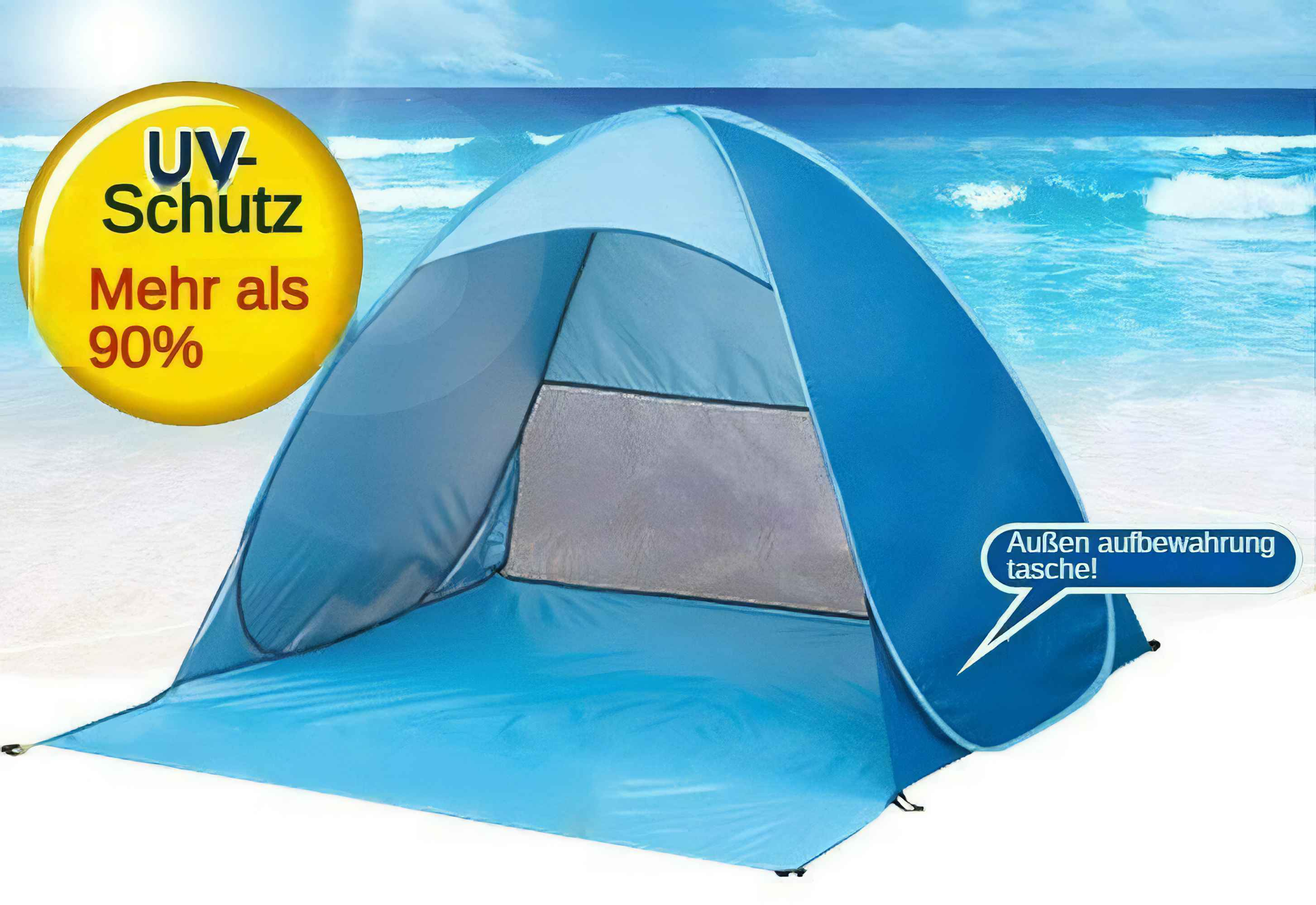 Strandzelt an einem sonnigen Strand. Das Zelt ist blau. Text auf Deutsch: UV-Schutz, über 90%.