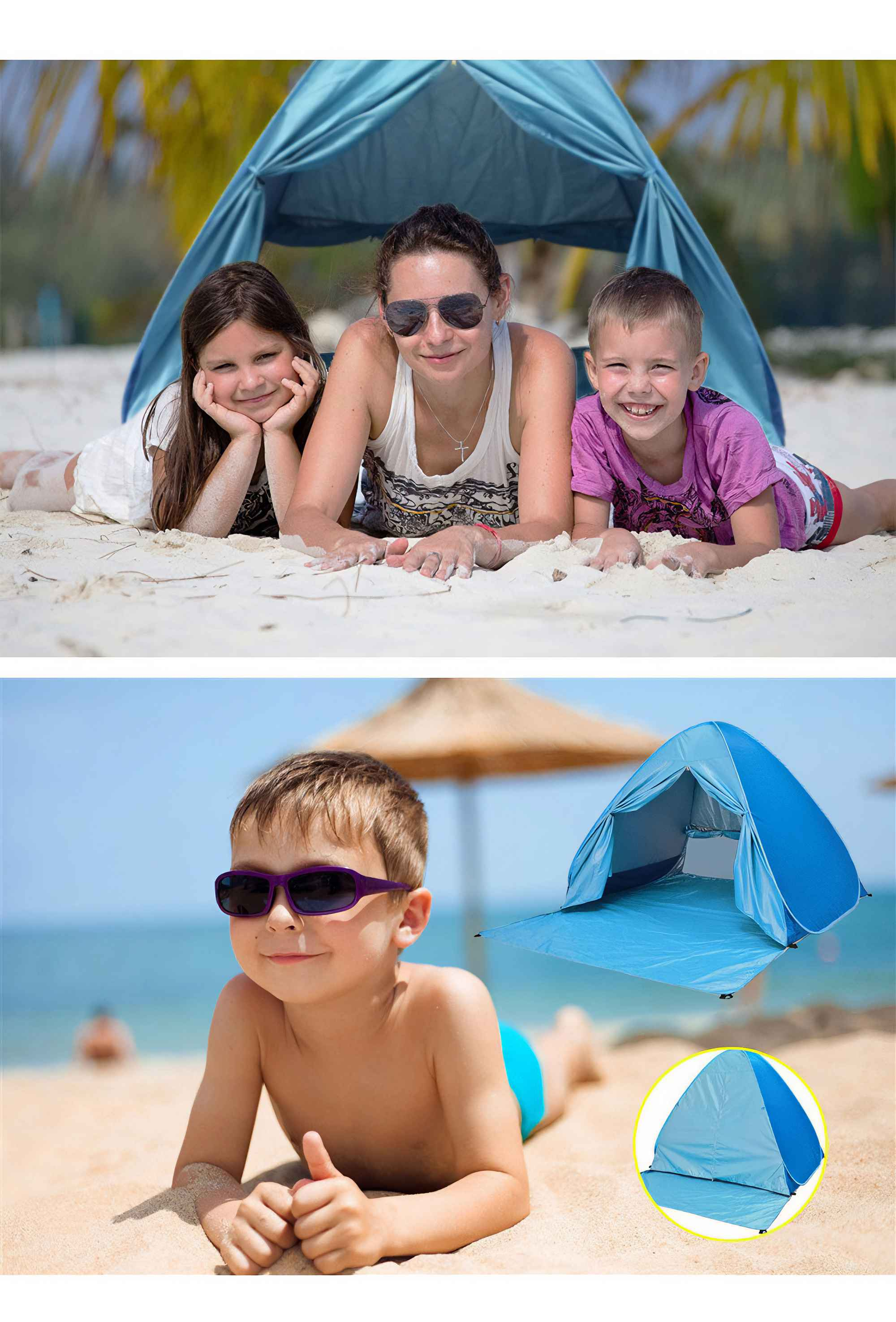 Zwei Bilder einer Strandszene mit einer Familie in einem blauen Zelt, eines mit einem Jungen mit Sonnenbrille.