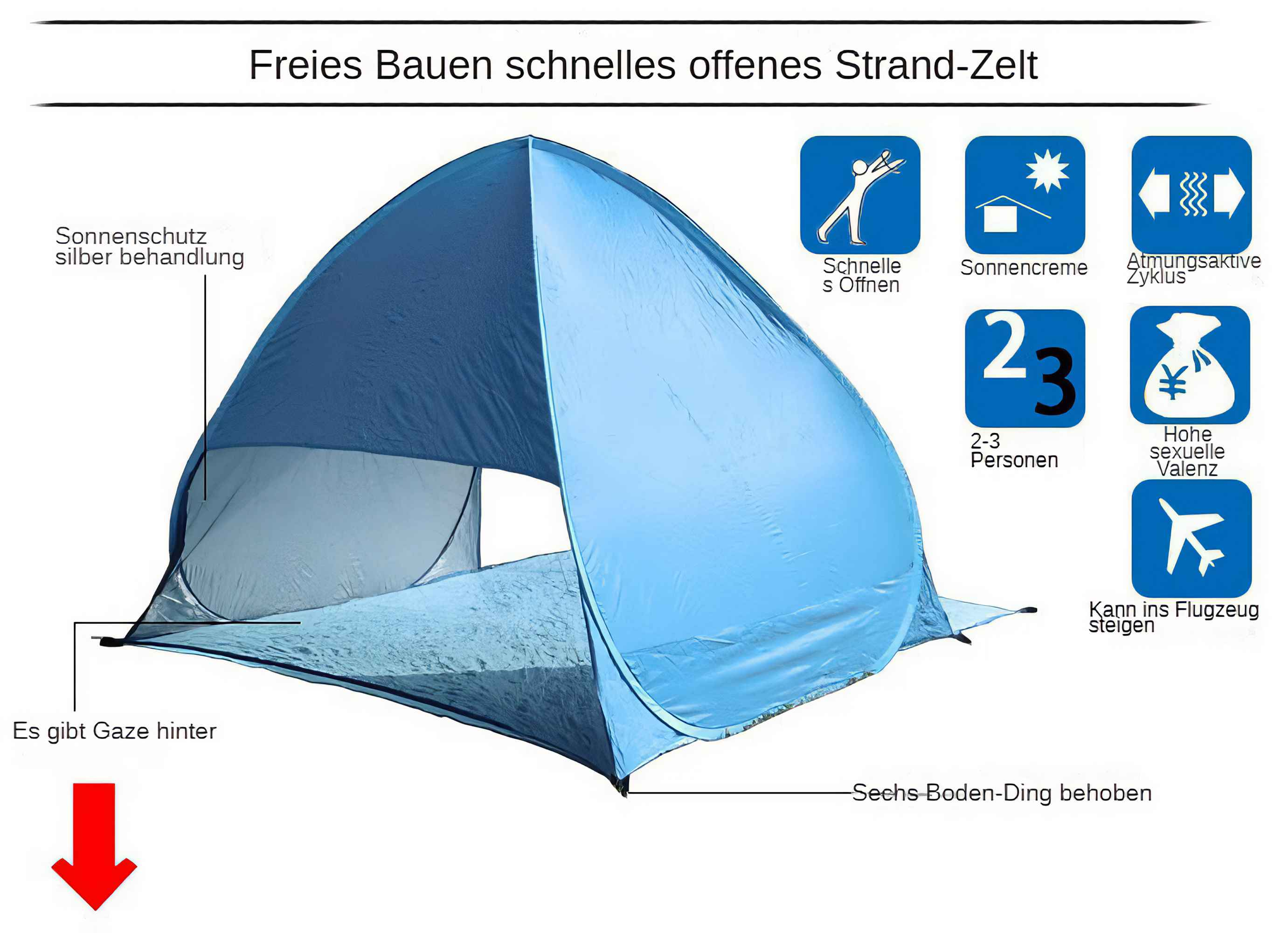 Ein blaues Strandzelt mit Text und Symbolen, die Funktionen und Vorteile des Produkts beschreiben.