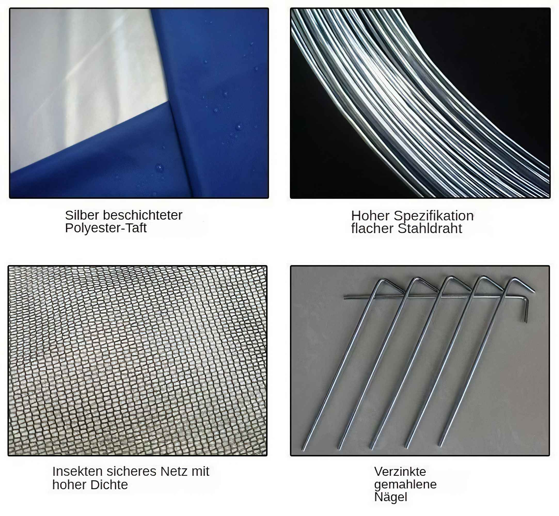 Vier Bilder von Zeltkomponenten: silbernes Polyester, flacher Stahldraht, schwarzes Netz und verzinkte Nägel.